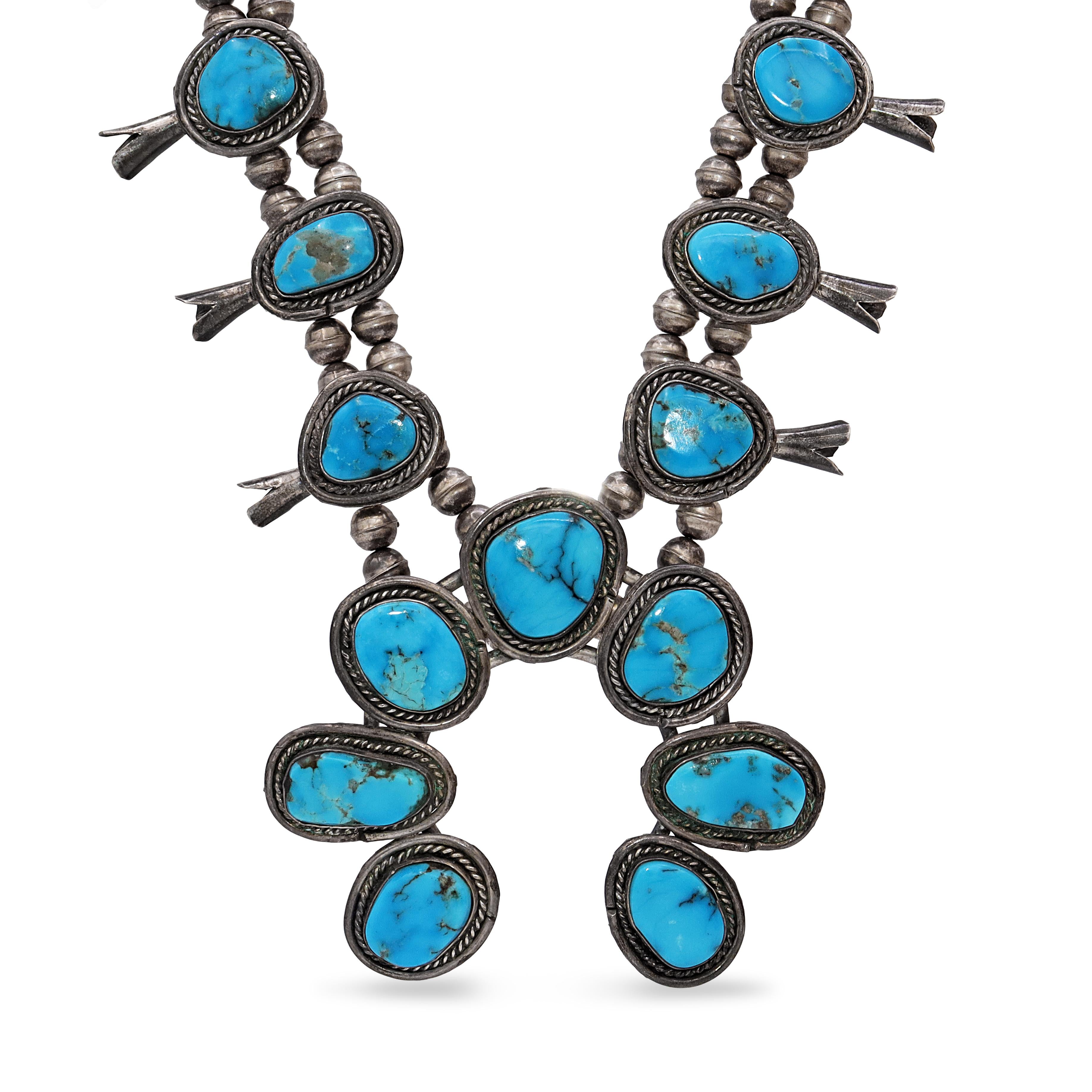 Vintage Sterling Silver Turquoise Squash Blossom Necklace