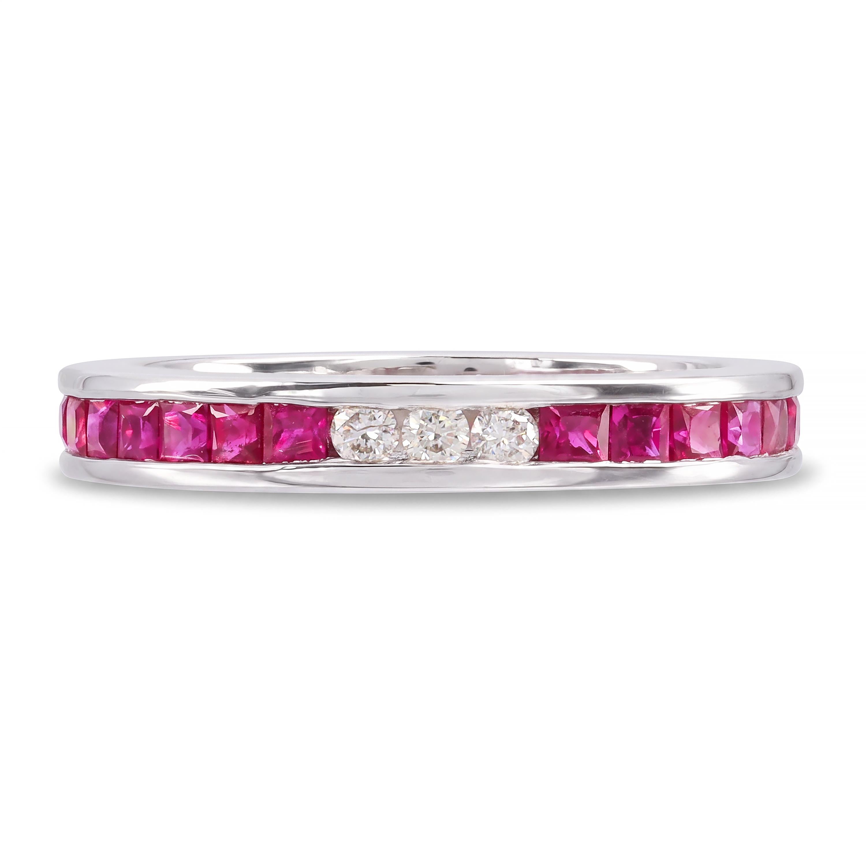 Vintage 14k White Gold Ruby and Diamond Channel Set Eternity Ring