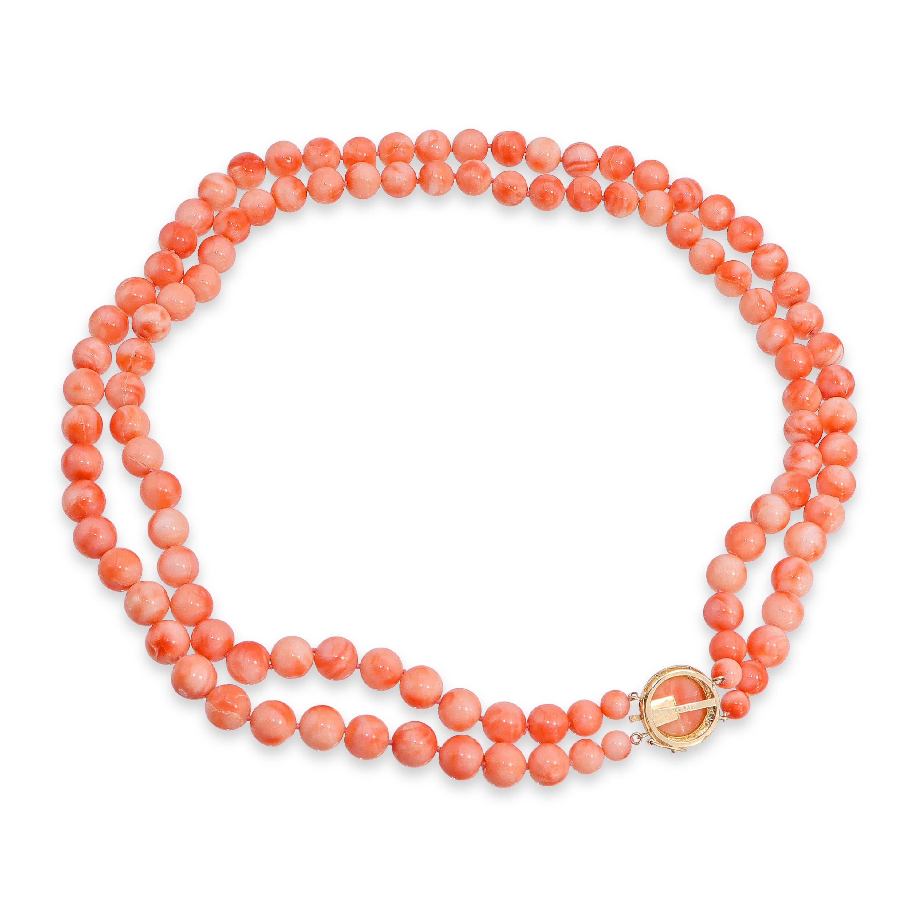 14k Yellow Gold Salmon Coral Double-Strand Beaded Necklace