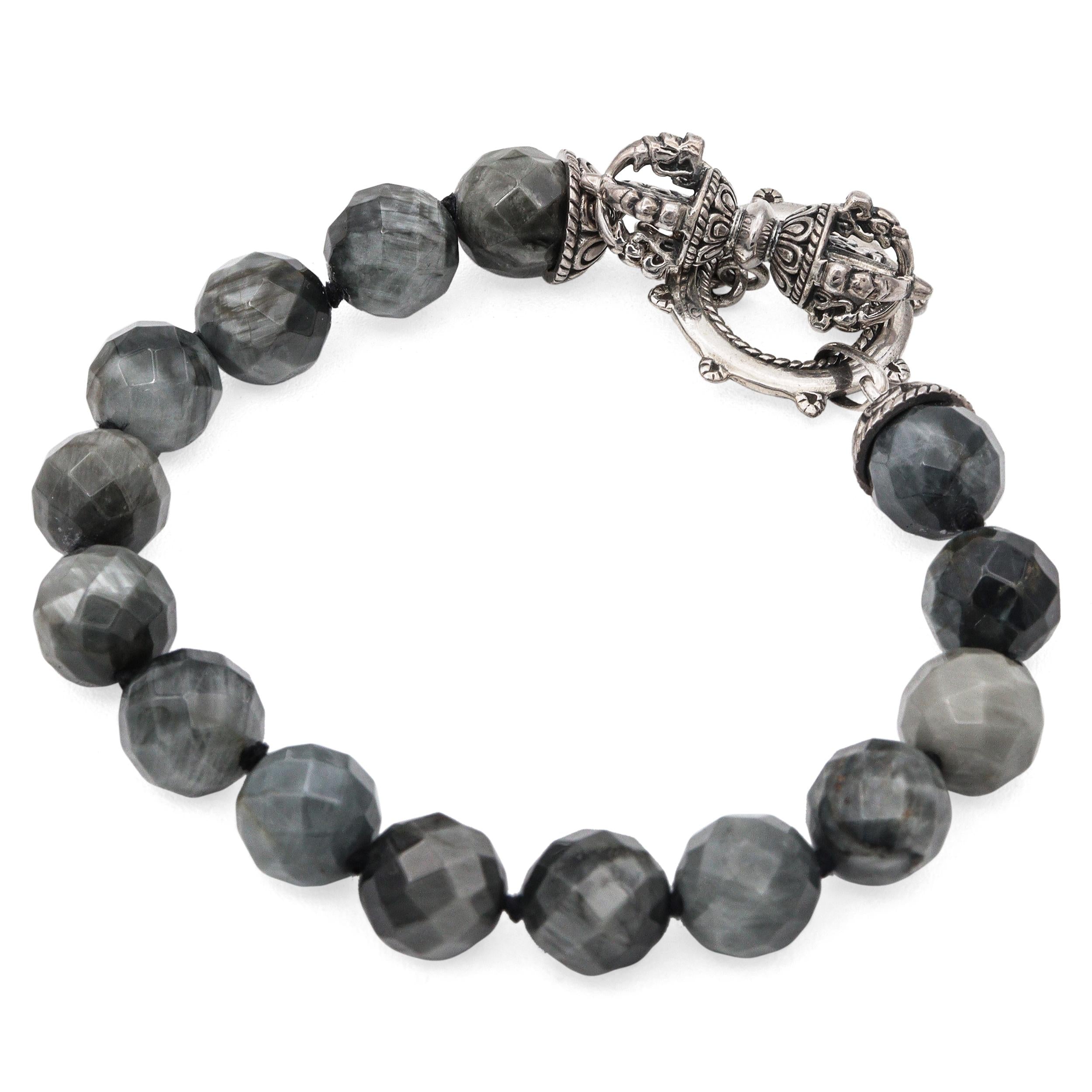 Sterling Silver Gray Hawk Eye Quartz Faceted Beaded Bracelet