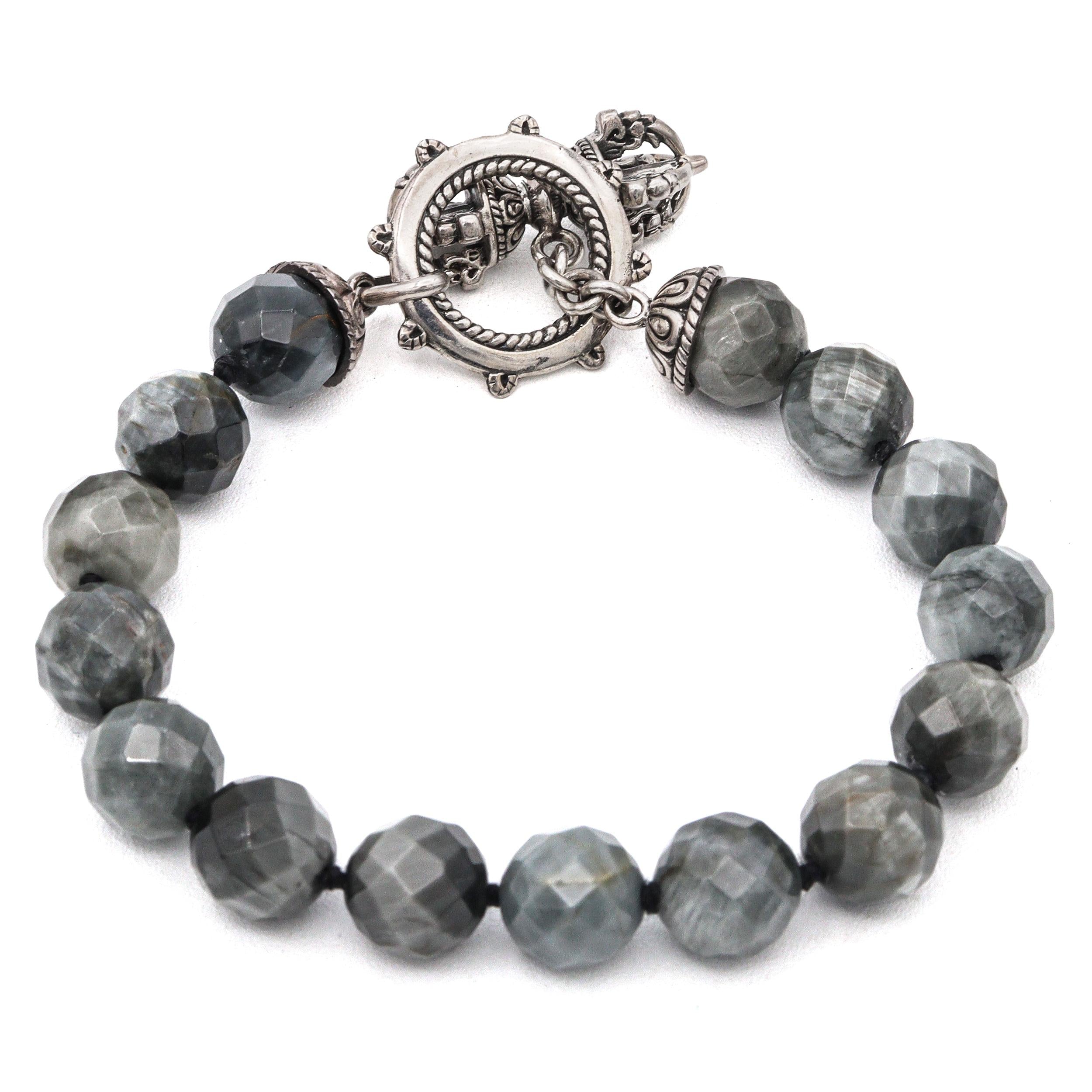Sterling Silver Gray Hawk Eye Quartz Faceted Beaded Bracelet