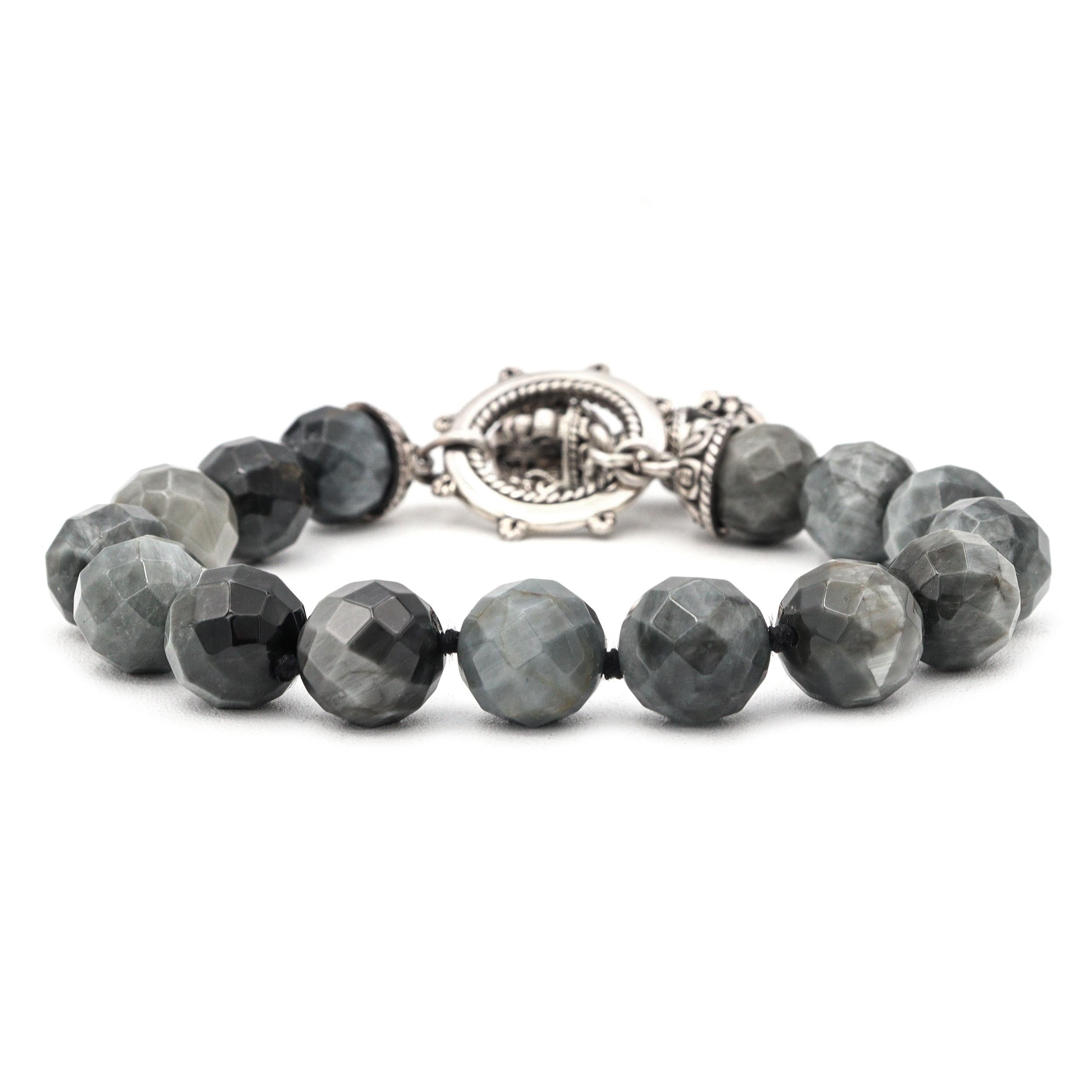 Sterling Silver Gray Hawk Eye Quartz Faceted Beaded Bracelet