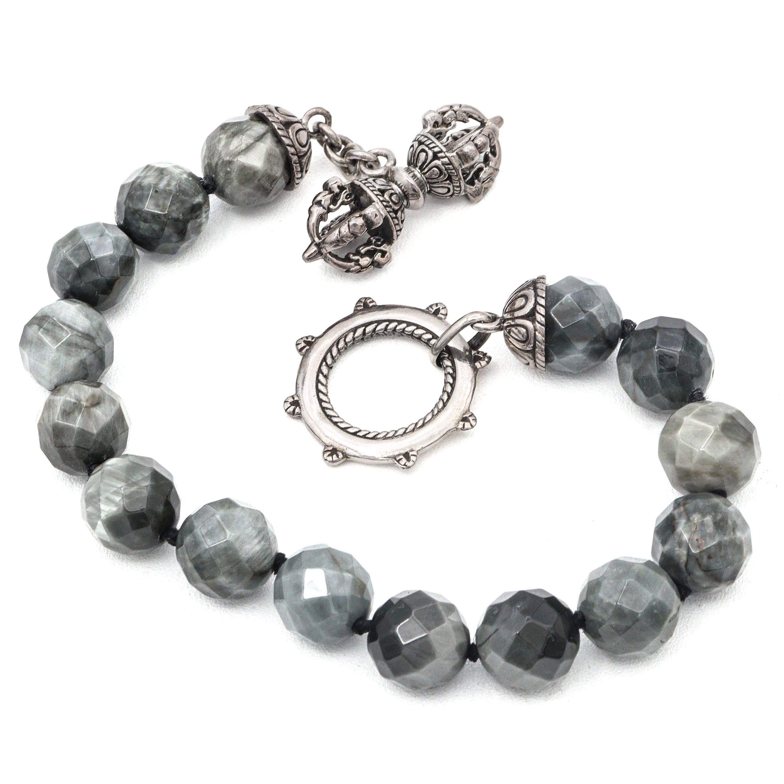 Sterling Silver Gray Hawk Eye Quartz Faceted Beaded Bracelet
