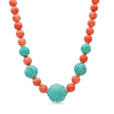 Vintage Chinese 14K Gold Coral and Carved Turquoise Bead Necklace