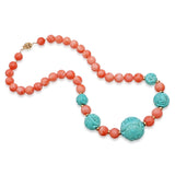 Vintage Chinese 14K Gold Coral and Carved Turquoise Bead Necklace