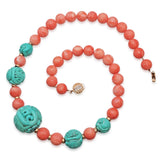 Vintage Chinese 14K Gold Coral and Carved Turquoise Bead Necklace