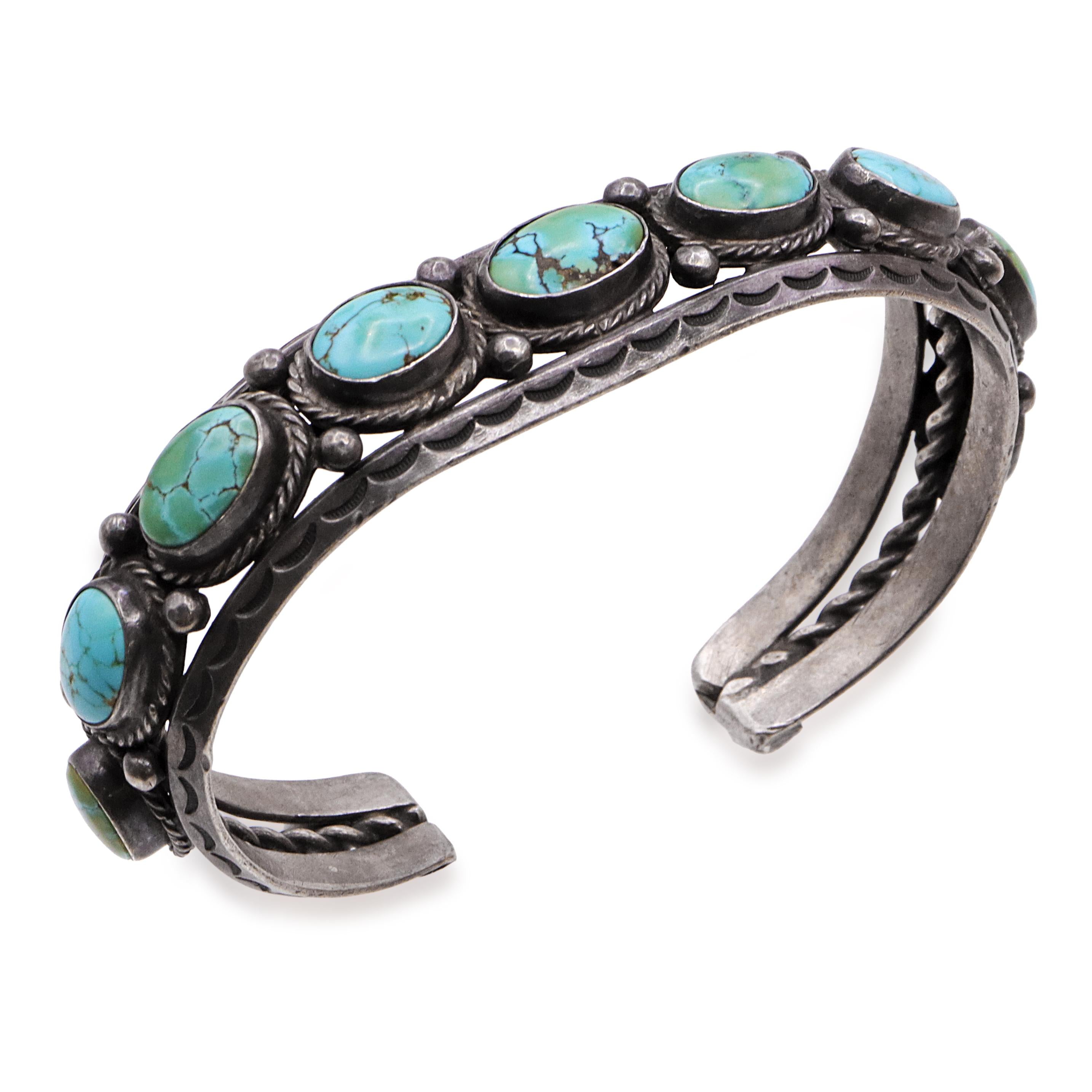 Navajo Seven-Stone Turquoise Sterling Silver Cuff Bracelet