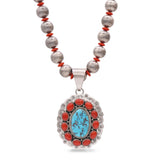 Vintage H. Begay Navajo Sterling Silver Turquoise and Coral Pendant Necklace