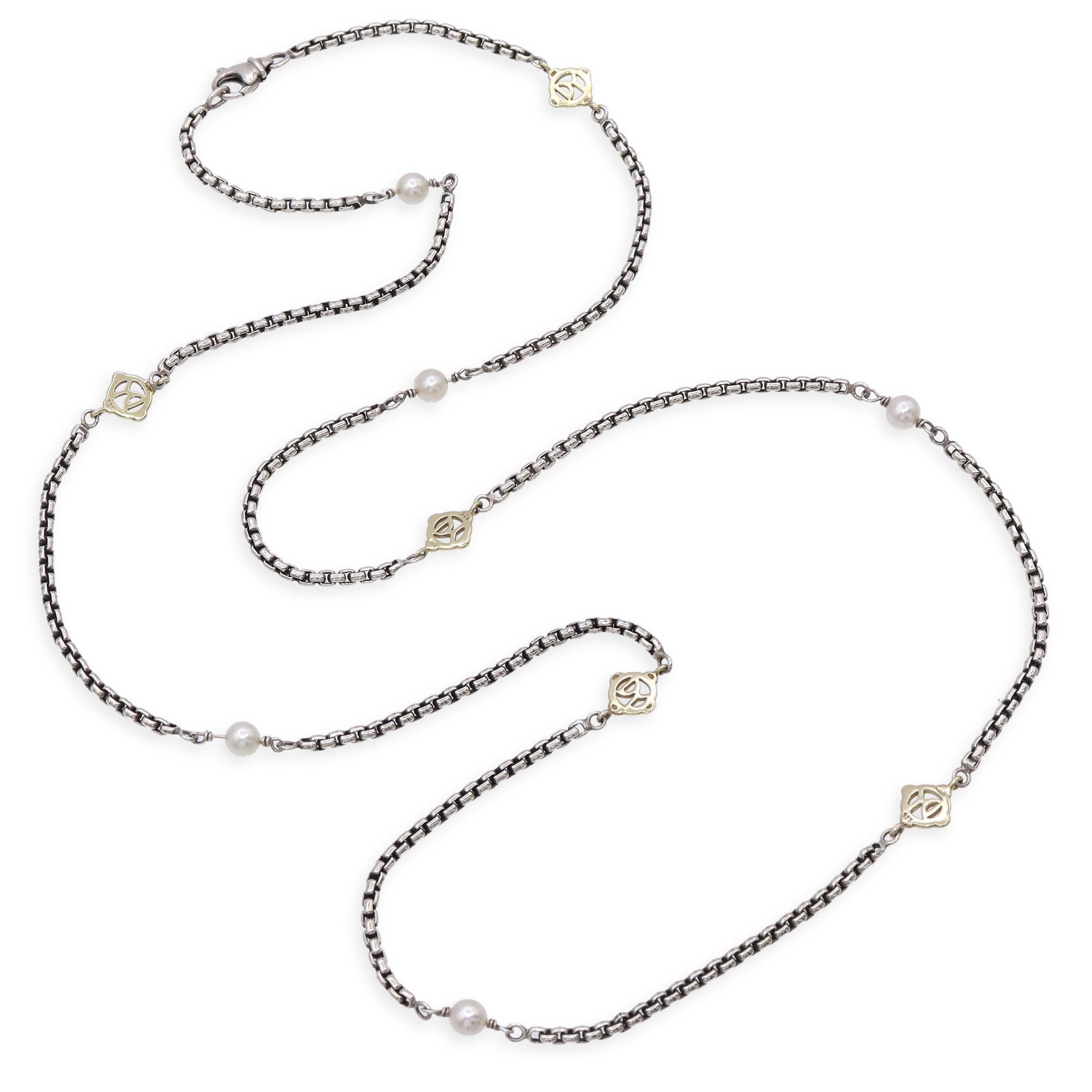 David Yurman Sterling Silver 14k Yellow Gold Pearl Box Chain Station Necklace