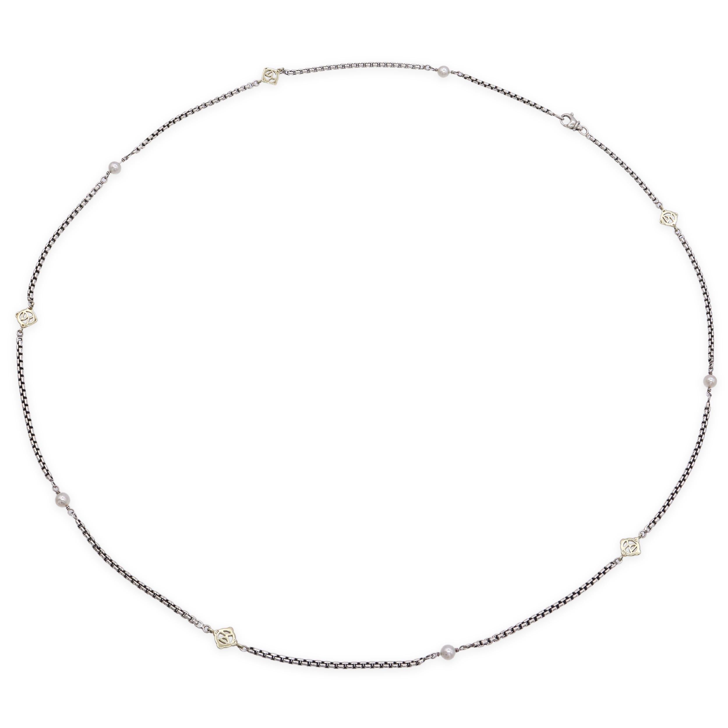 David Yurman Sterling Silver 14k Yellow Gold Pearl Box Chain Station Necklace