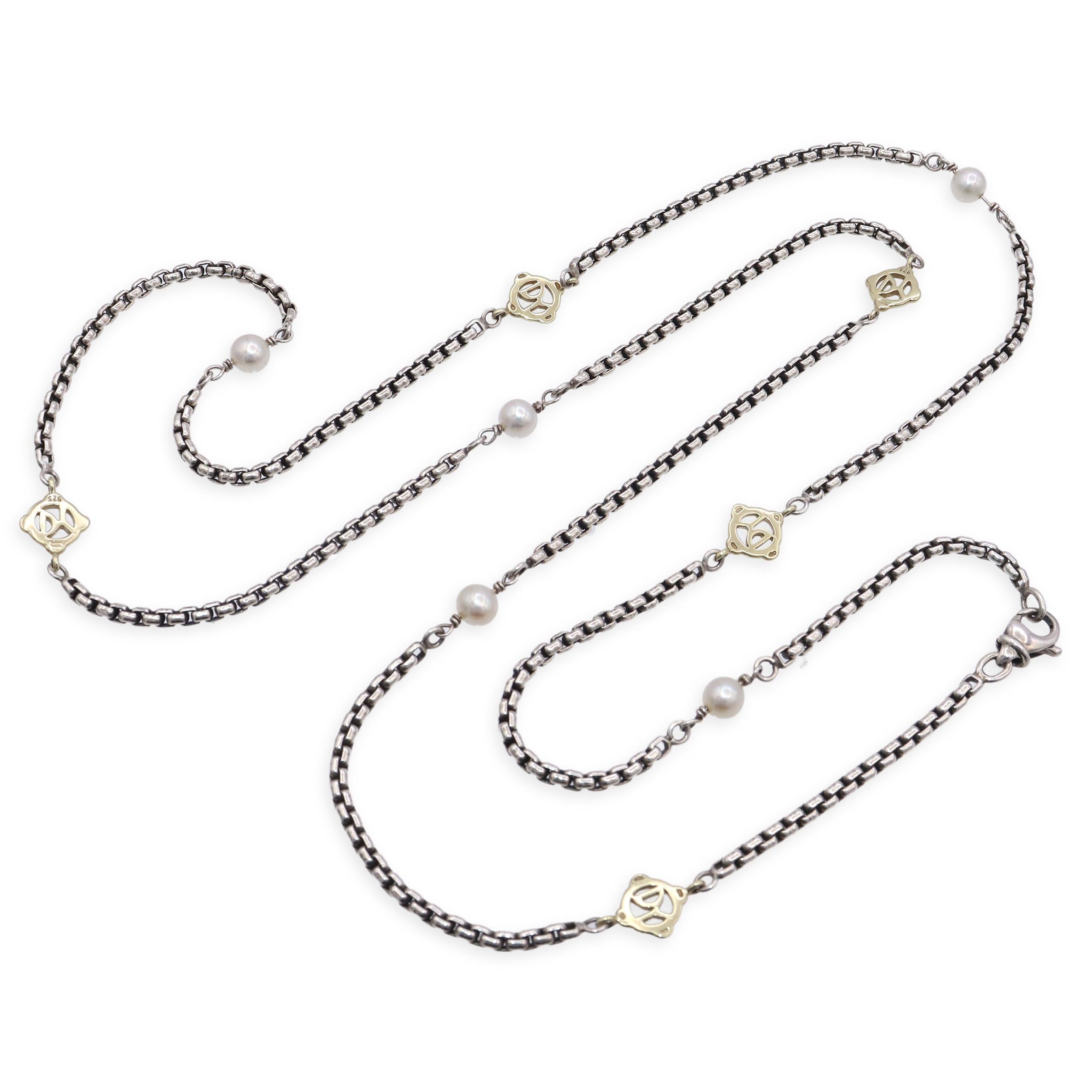 David Yurman Sterling Silver 14k Yellow Gold Pearl Box Chain Station Necklace
