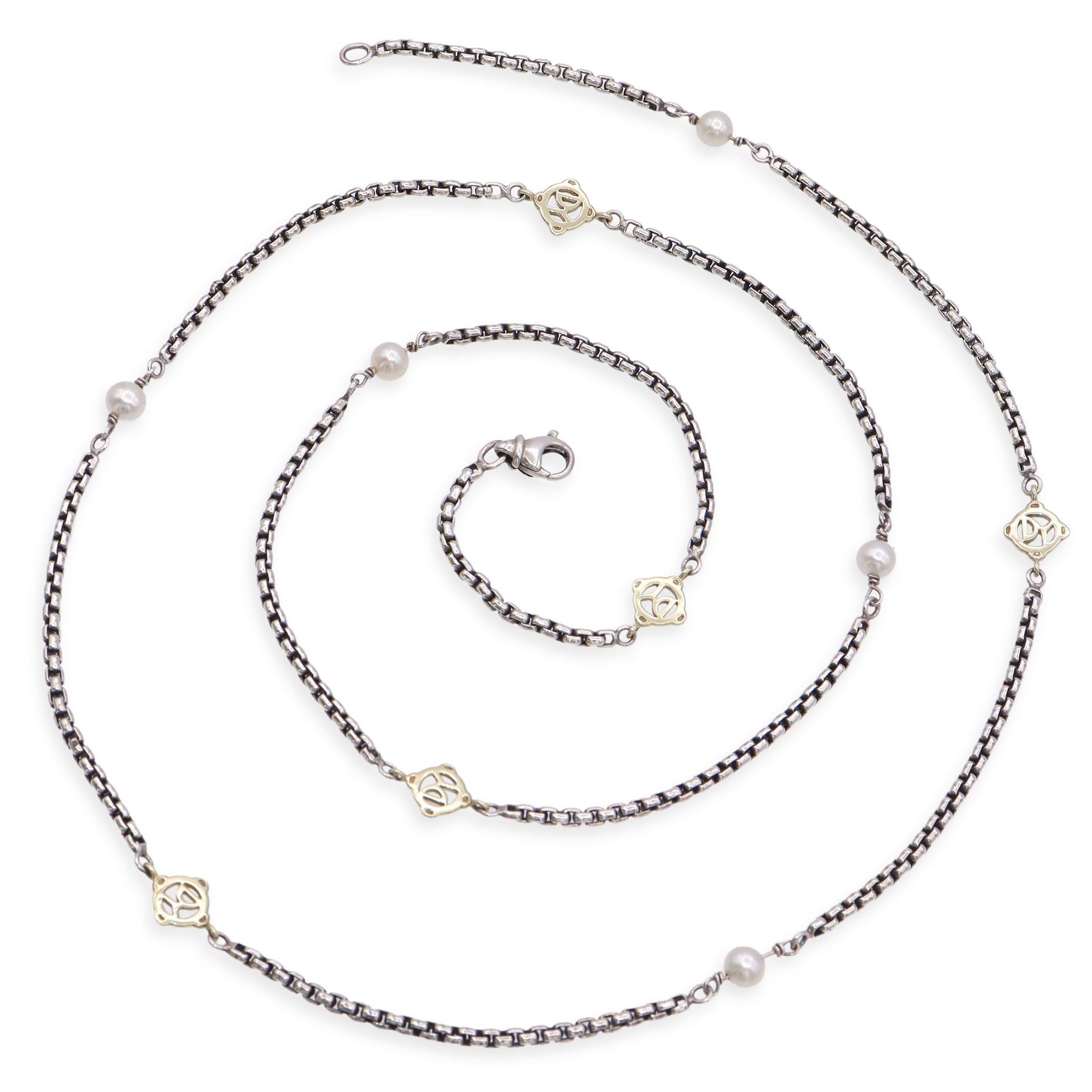 David Yurman Sterling Silver 14k Yellow Gold Pearl Box Chain Station Necklace