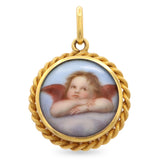 Antique 20k Yellow Gold Hand Painted Miniature Cherub Mourning Pendant
