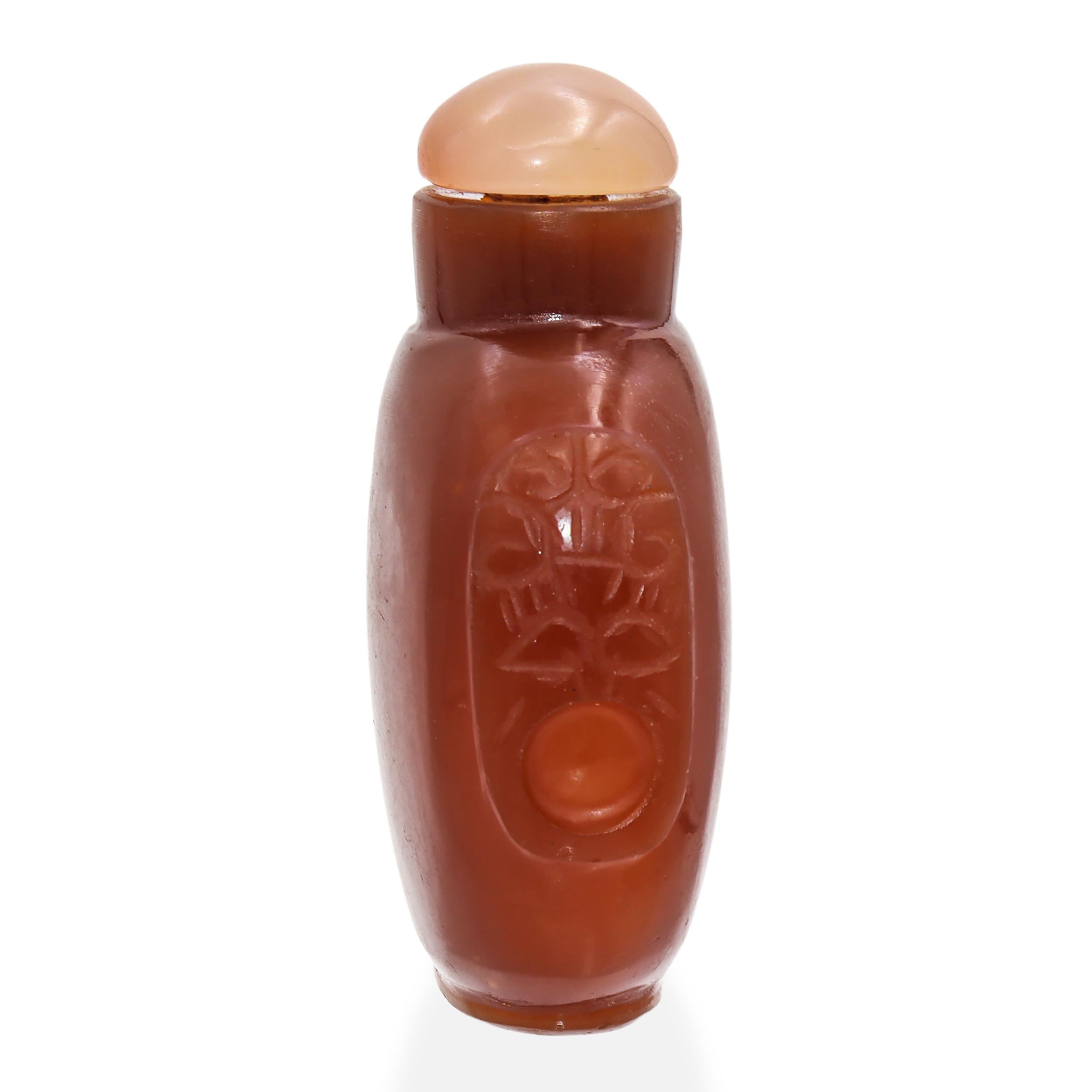 Antique Chinese Carnelian Colored Glass & Jade Carved Snuff Bottle