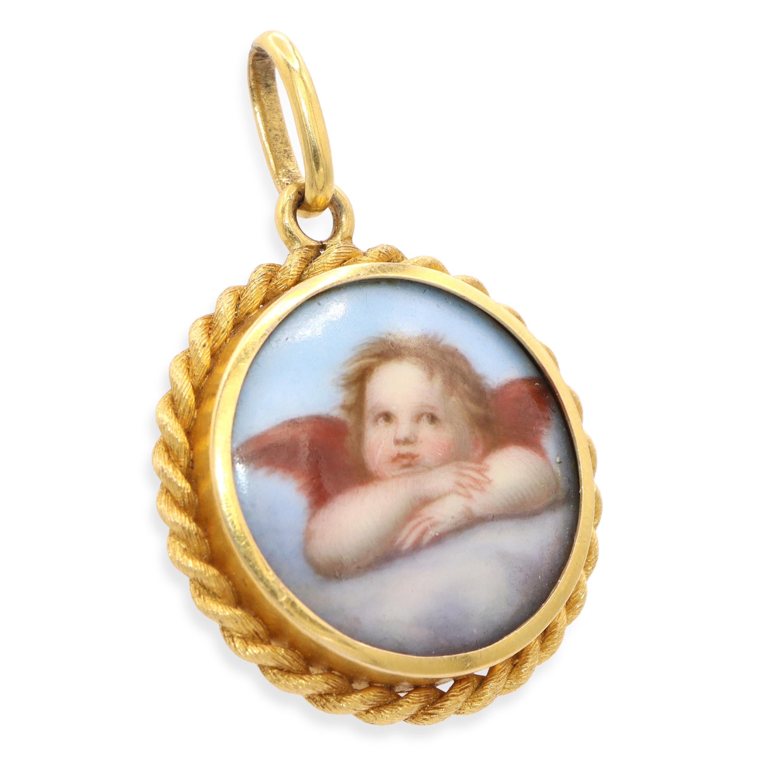 Antique 20k Yellow Gold Hand Painted Miniature Cherub Mourning Pendant