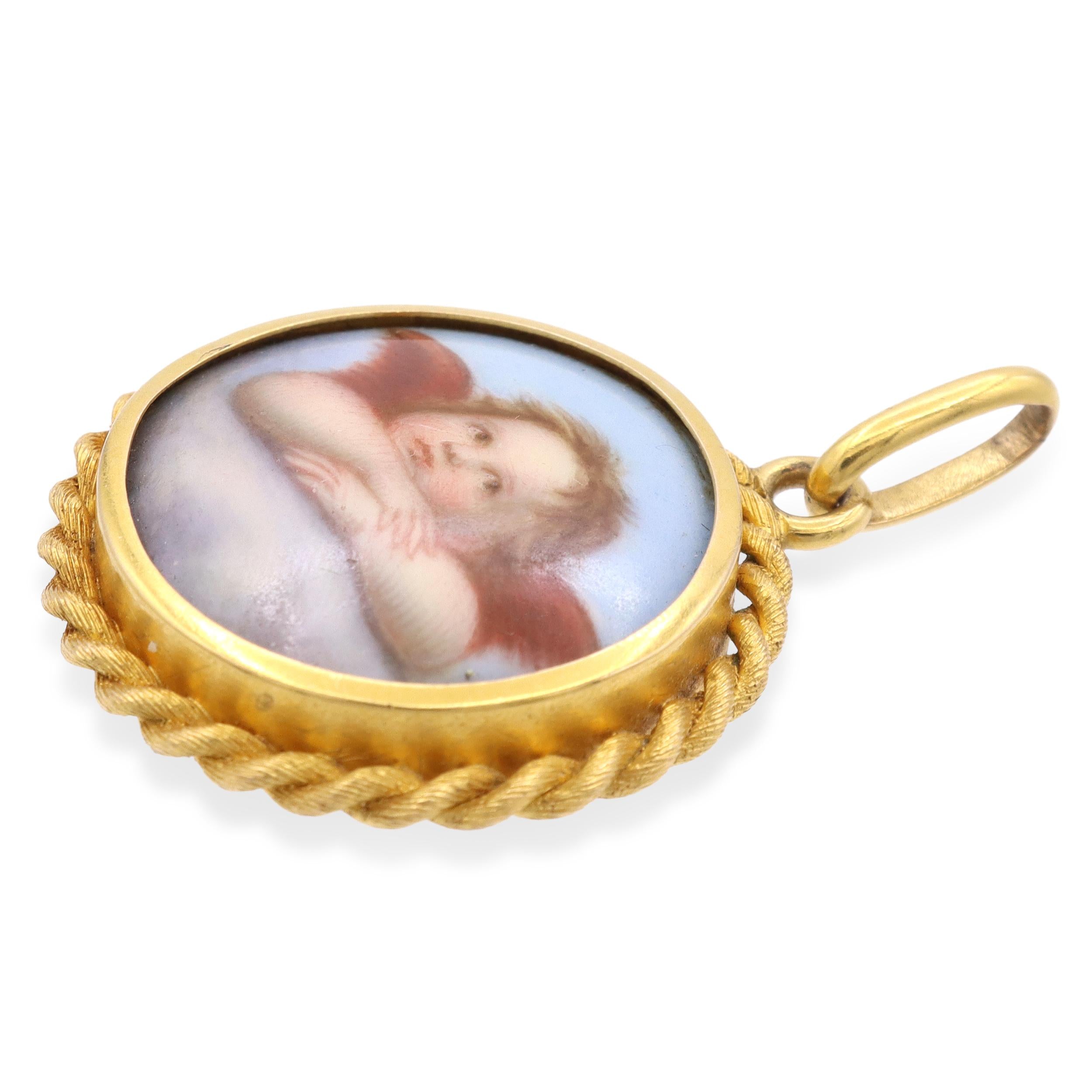 Antique 20k Yellow Gold Hand Painted Miniature Cherub Mourning Pendant