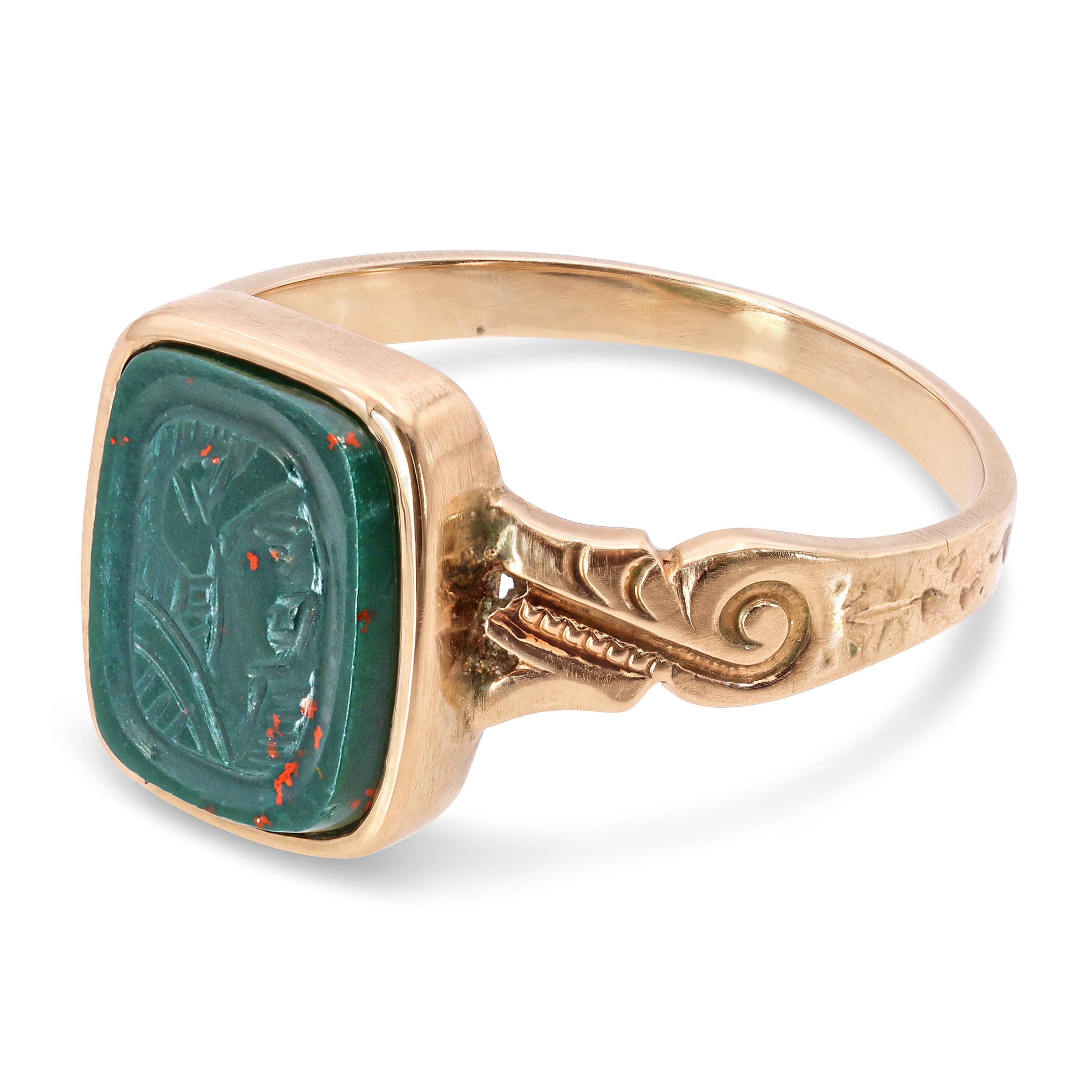 Vintage Yellow Gold Bloodstone Carved Intaglio Ring