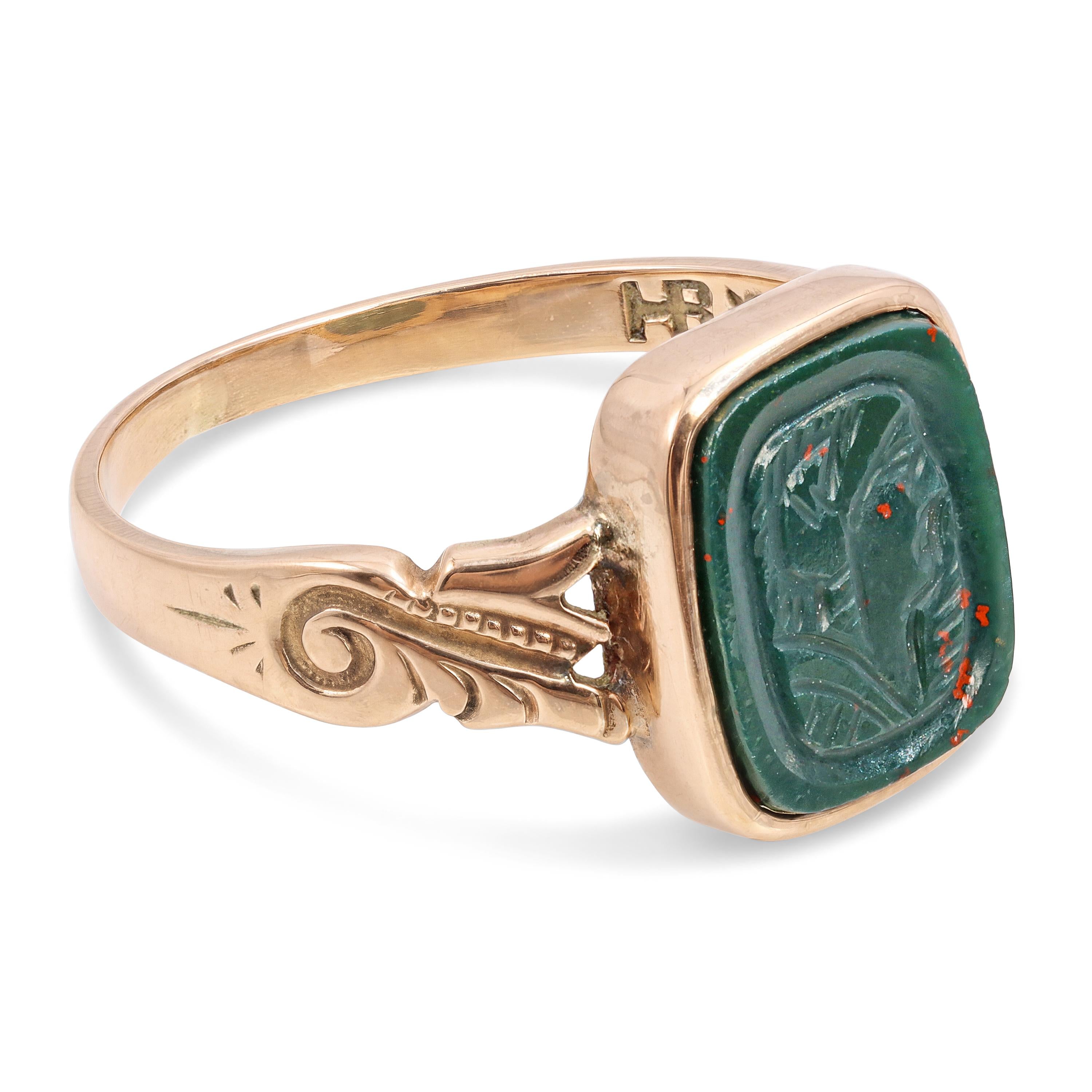 Vintage Yellow Gold Bloodstone Carved Intaglio Ring