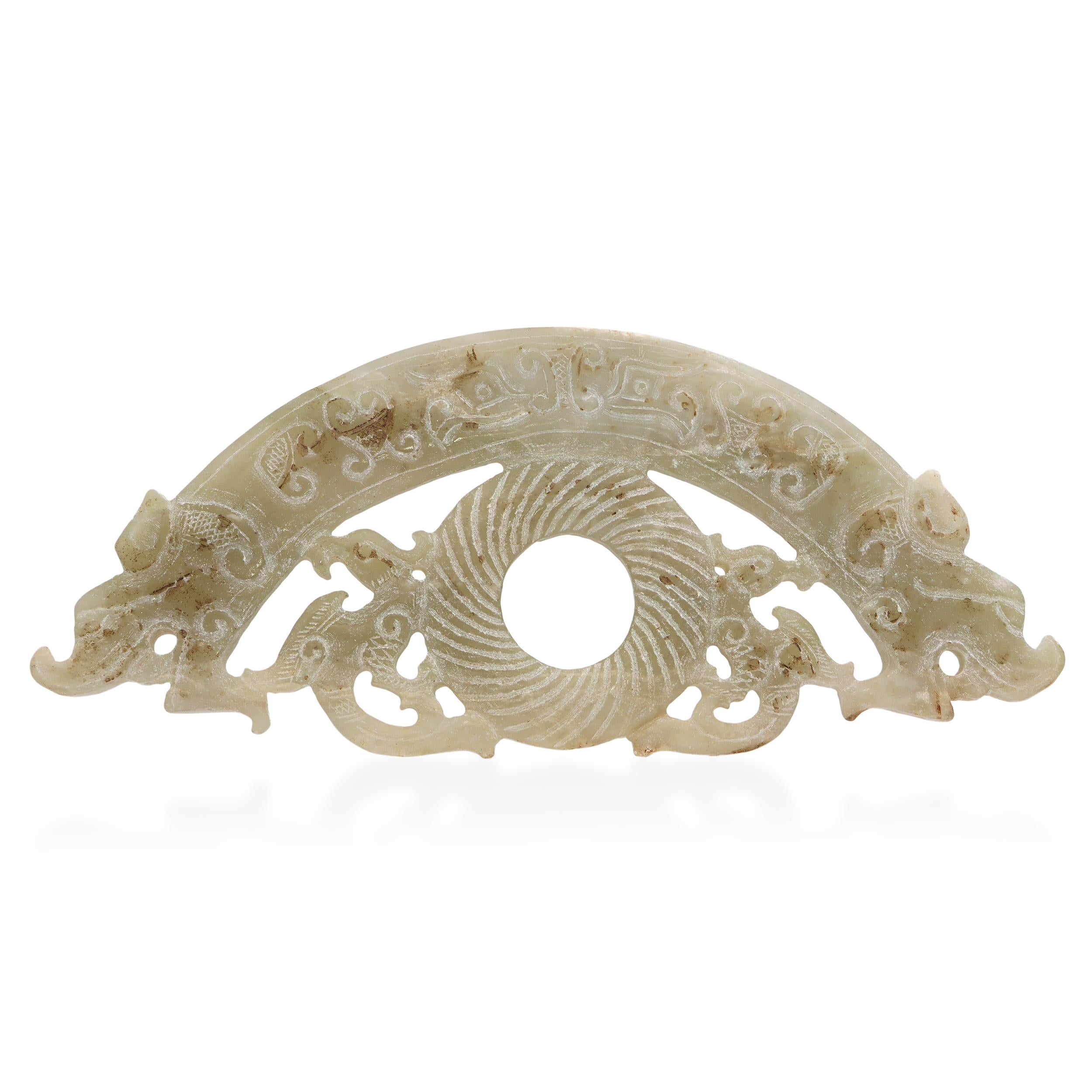 Antique Pale Green Jade Carved Bi Disc Dragon Figurine