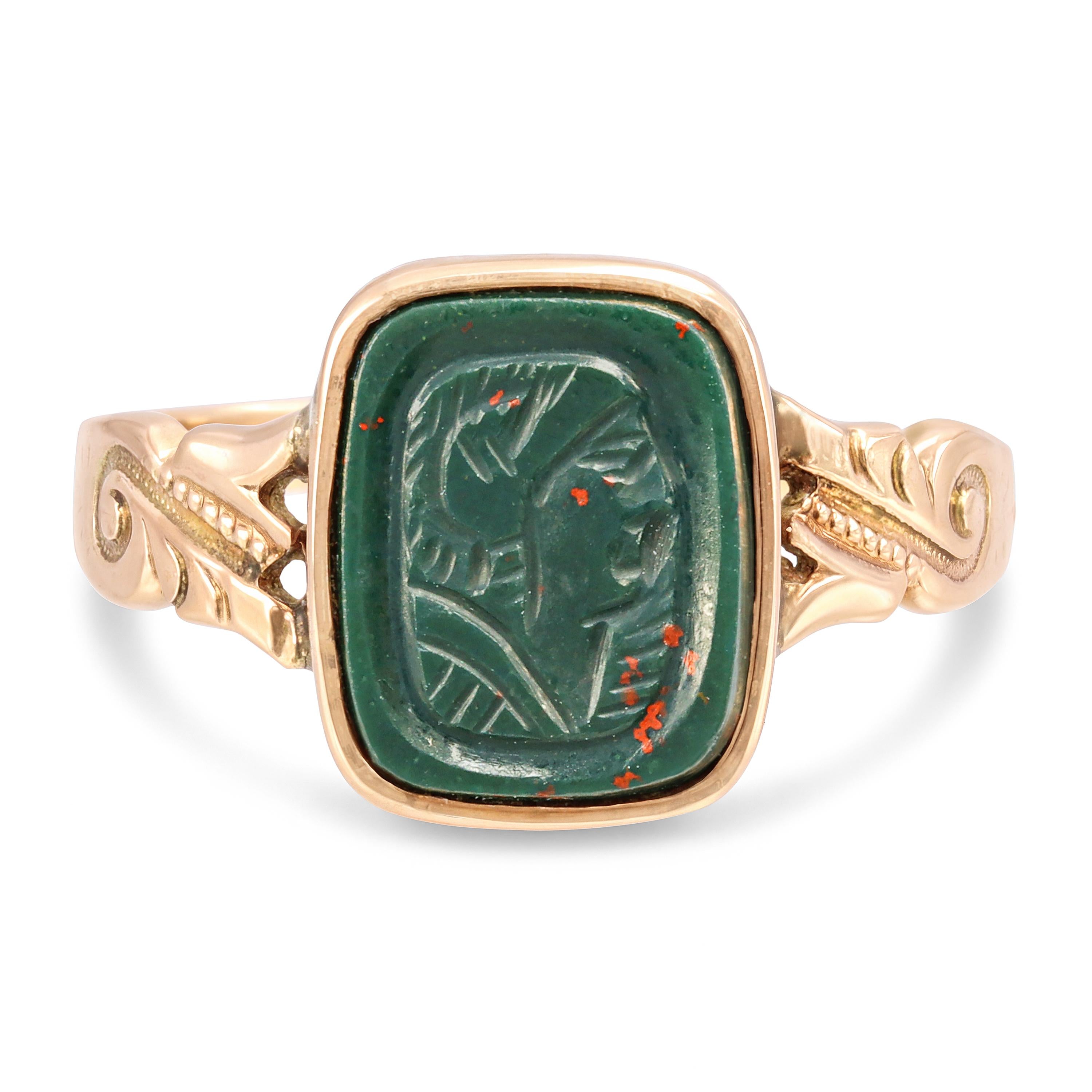 Vintage Yellow Gold Bloodstone Carved Intaglio Ring