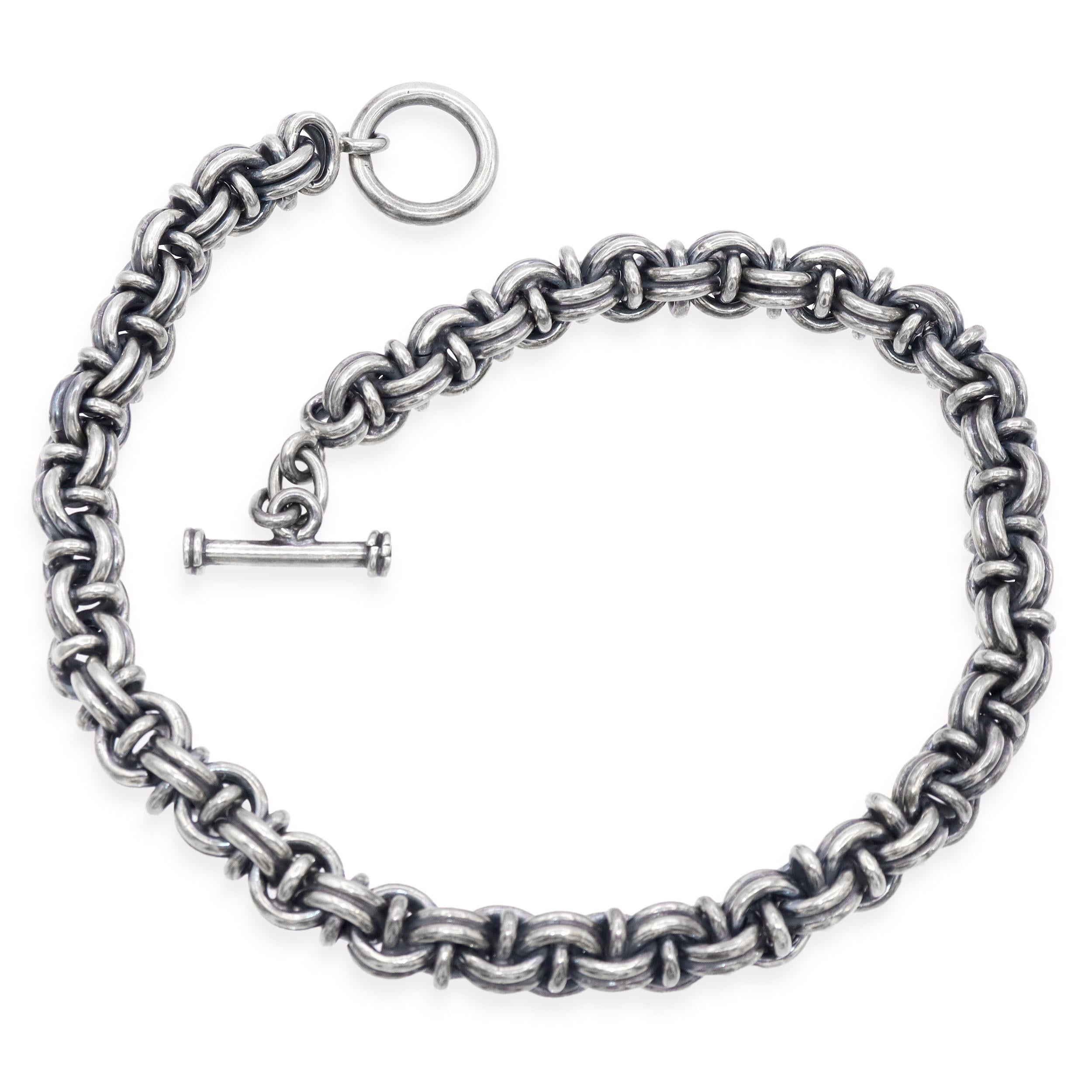 Vintage Sterling Silver Oxidized Byzantine Link Toggle Necklace