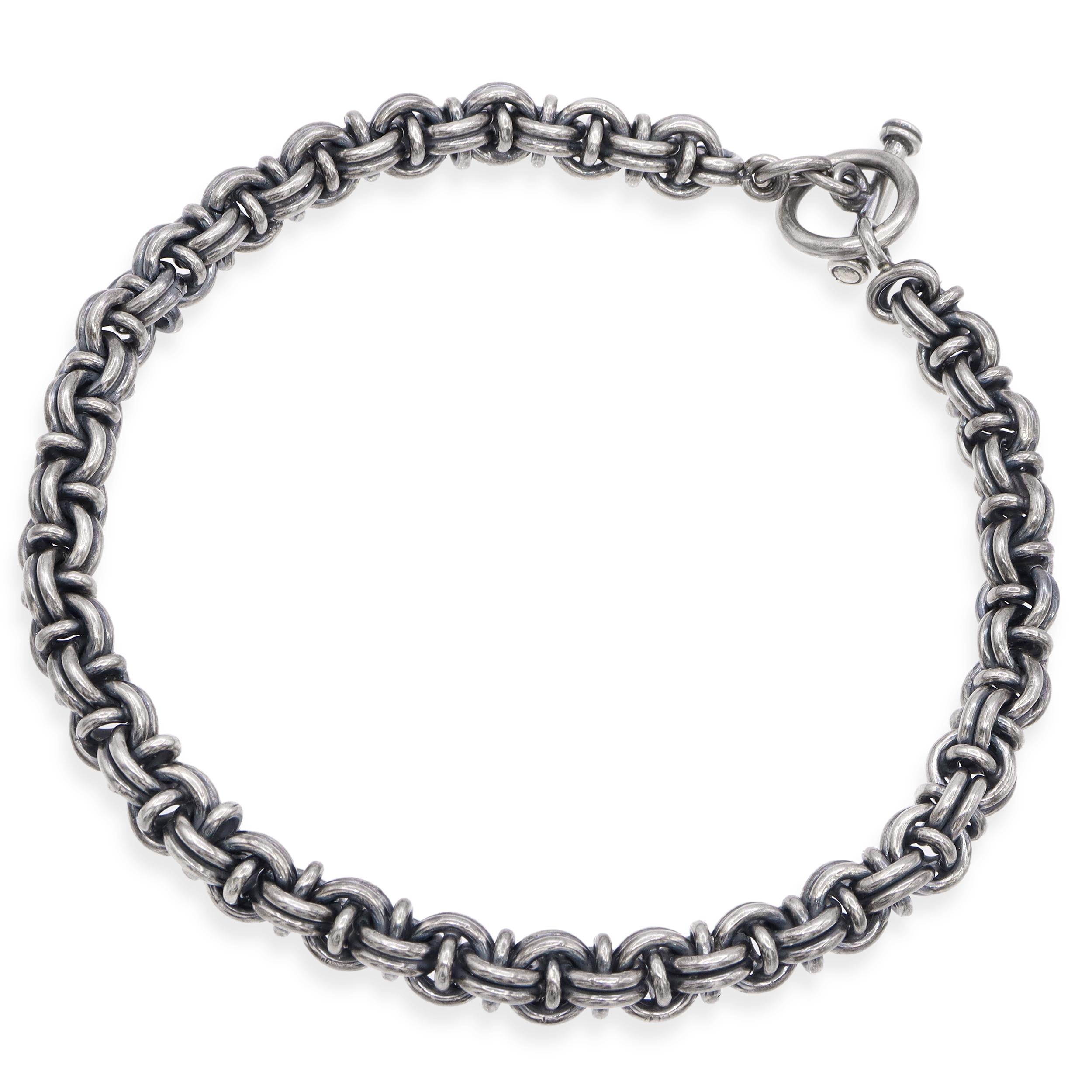 Vintage Sterling Silver Oxidized Byzantine Link Toggle Necklace