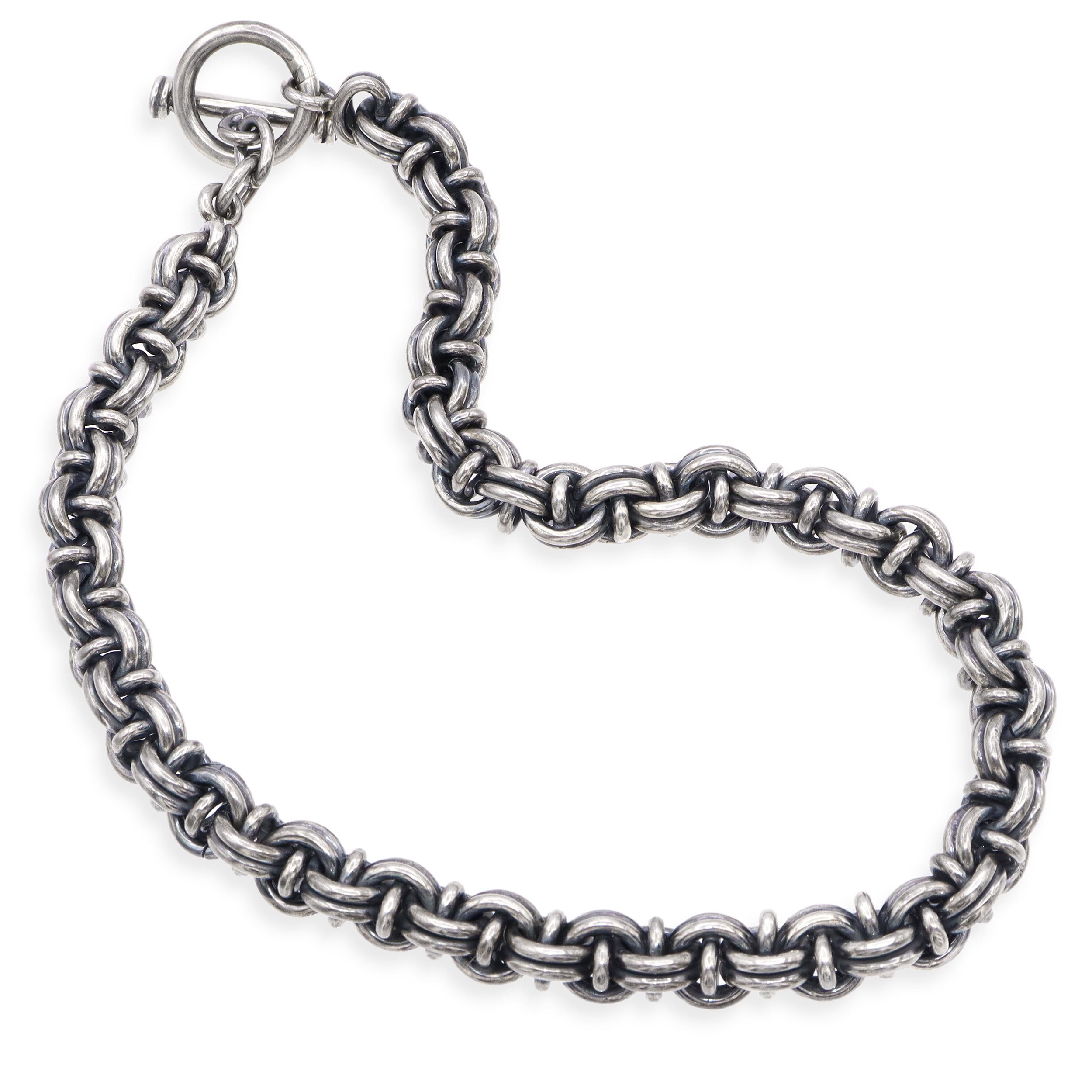 Vintage Sterling Silver Oxidized Byzantine Link Toggle Necklace