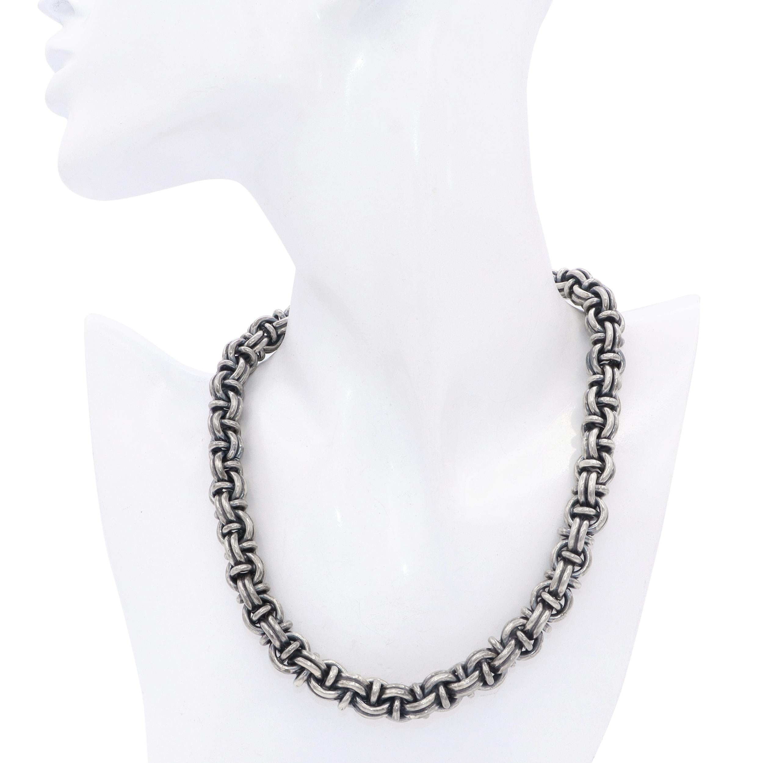 Vintage Sterling Silver Oxidized Byzantine Link Toggle Necklace