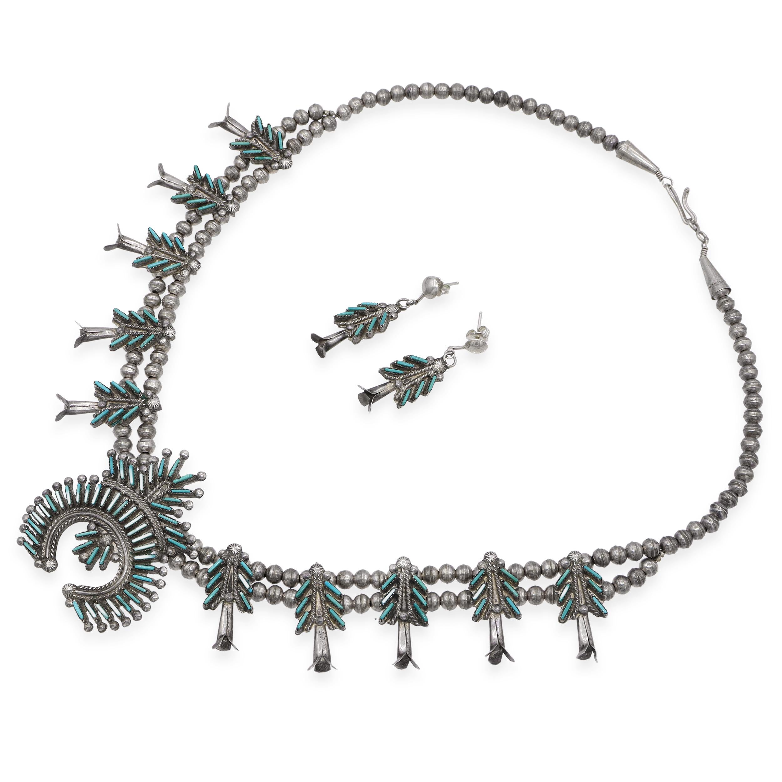 Eva L. Wyaco Zuni Sterling Silver Turquoise Needlepoint Necklace & Earring Set