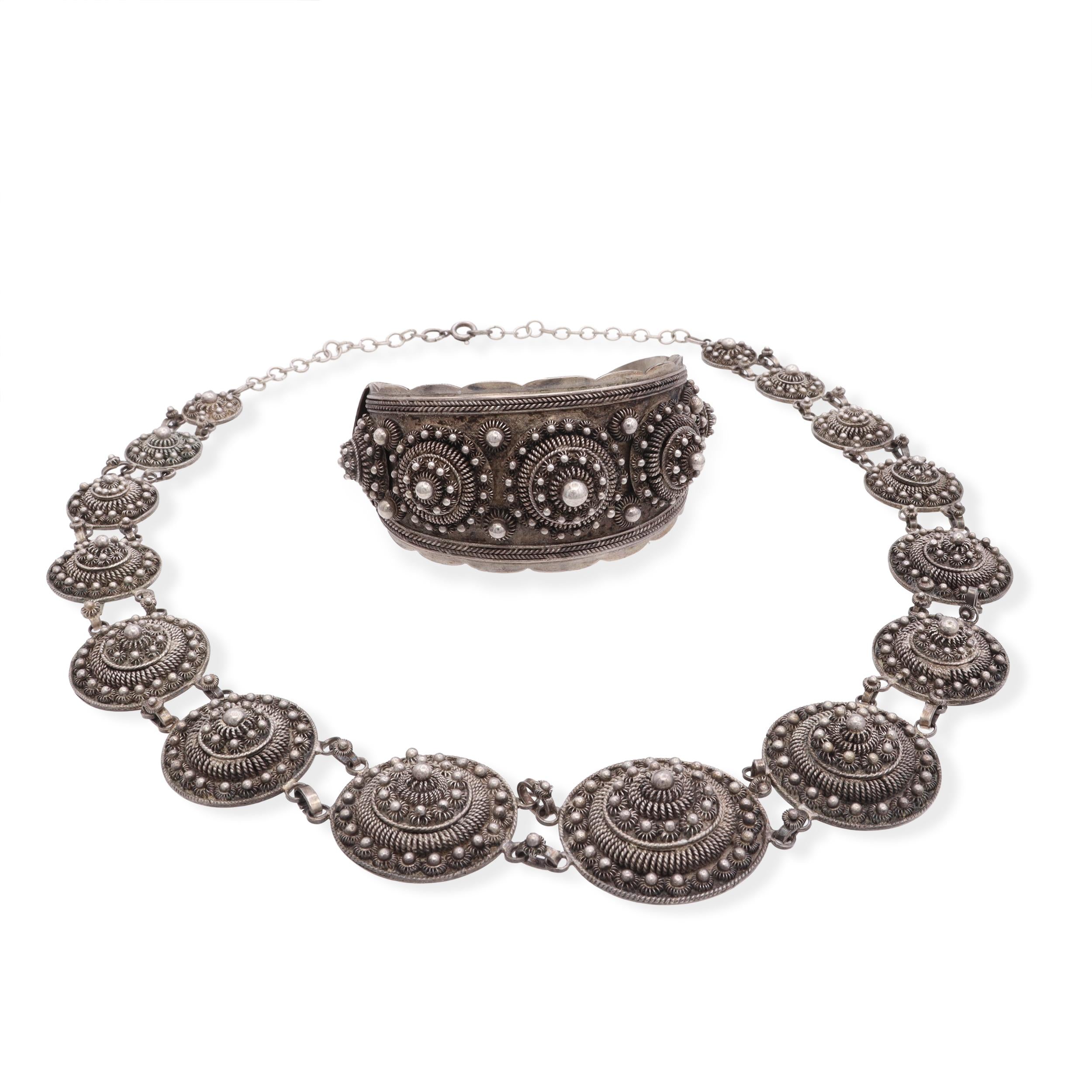 Vintage Indochina Silver Filigree Medallion Necklace and Cuff Bracelet Set