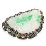 Antique Chinese Export Sterling Silver Enamel and Carved Jade Brooch