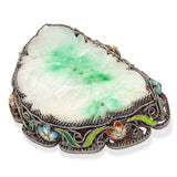 Antique Chinese Export Sterling Silver Enamel and Carved Jade Brooch