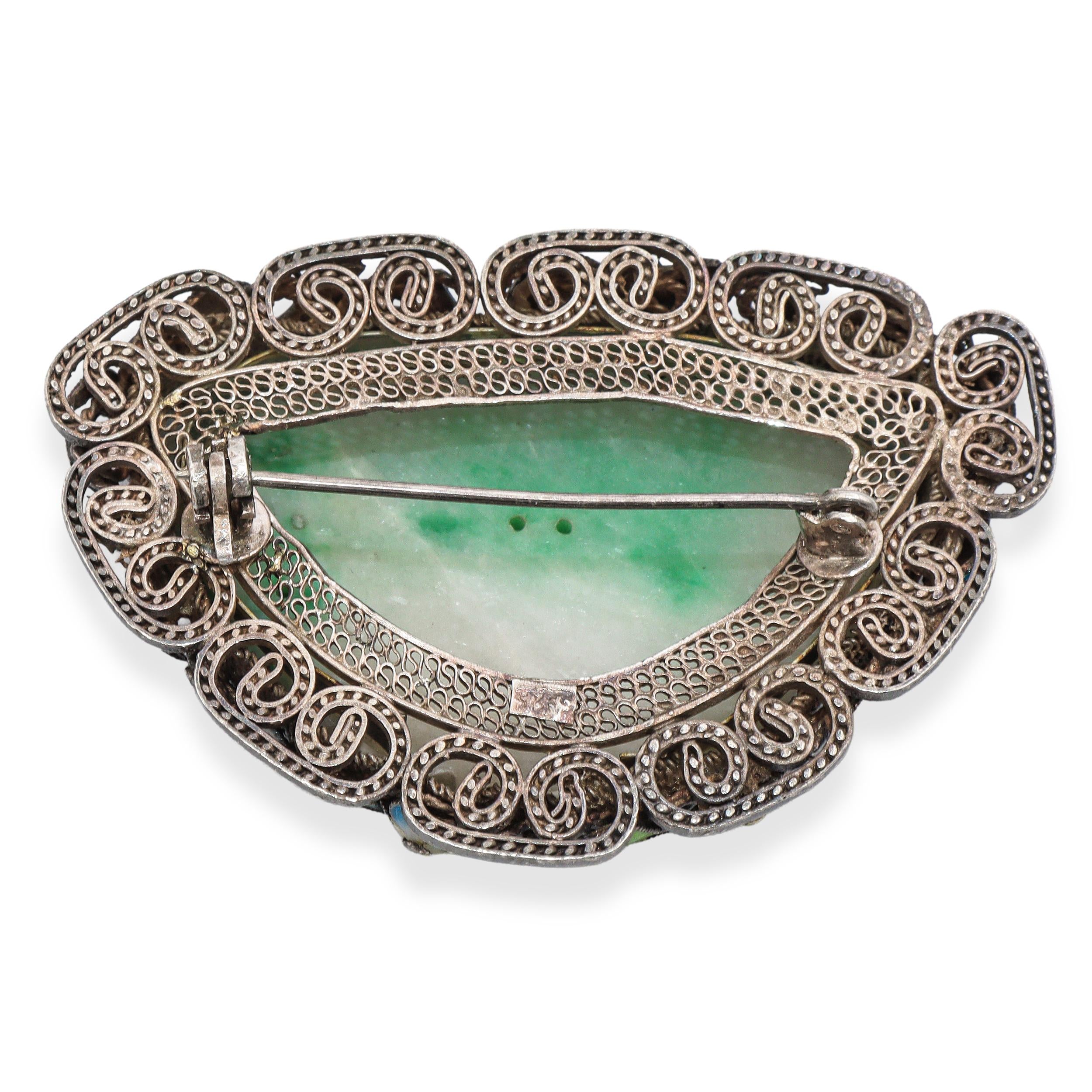 Antique Chinese Export Sterling Silver Enamel and Carved Jade Brooch