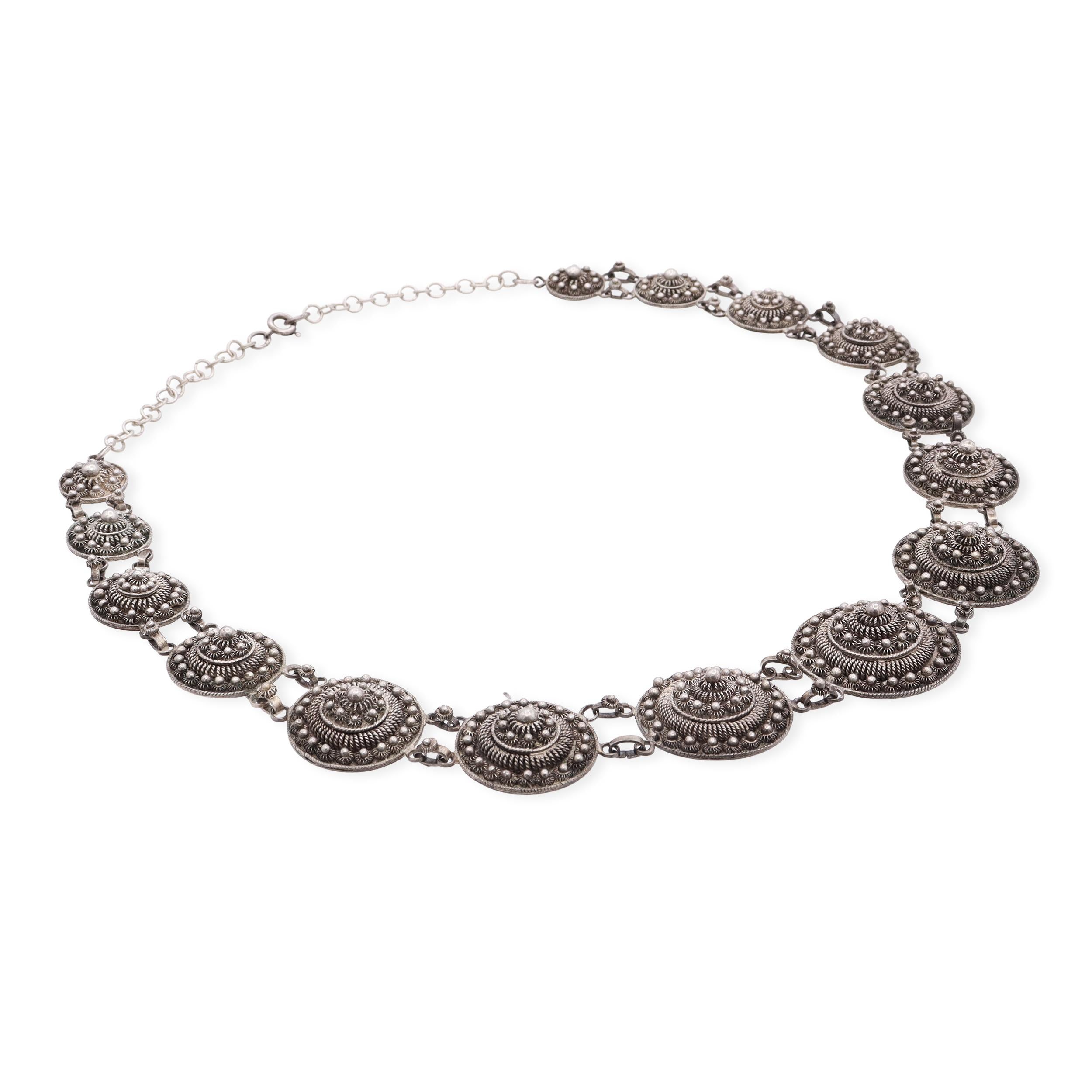 Vintage Indochina Silver Filigree Medallion Necklace and Cuff Bracelet Set