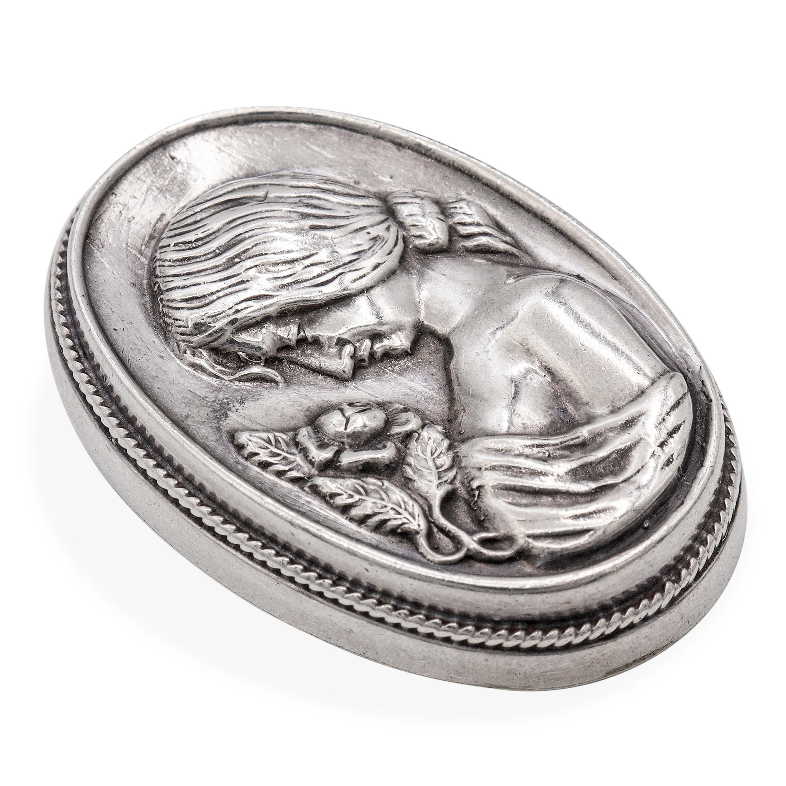 Henryk Winograd HW Sterling Silver Repoussé Woman with Rose Cameo Brooch Pendant