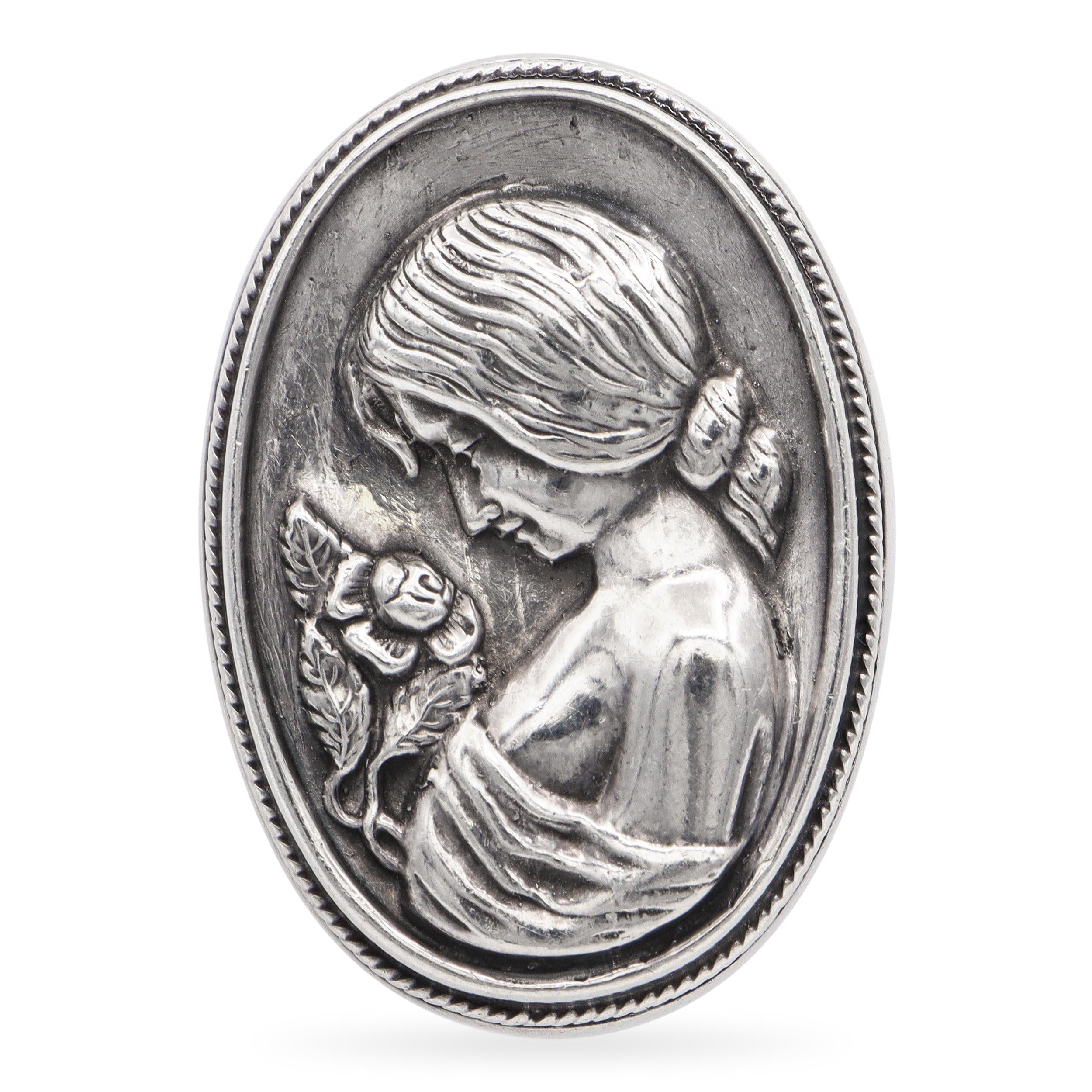 Henryk Winograd HW Sterling Silver Repoussé Woman with Rose Cameo Brooch Pendant