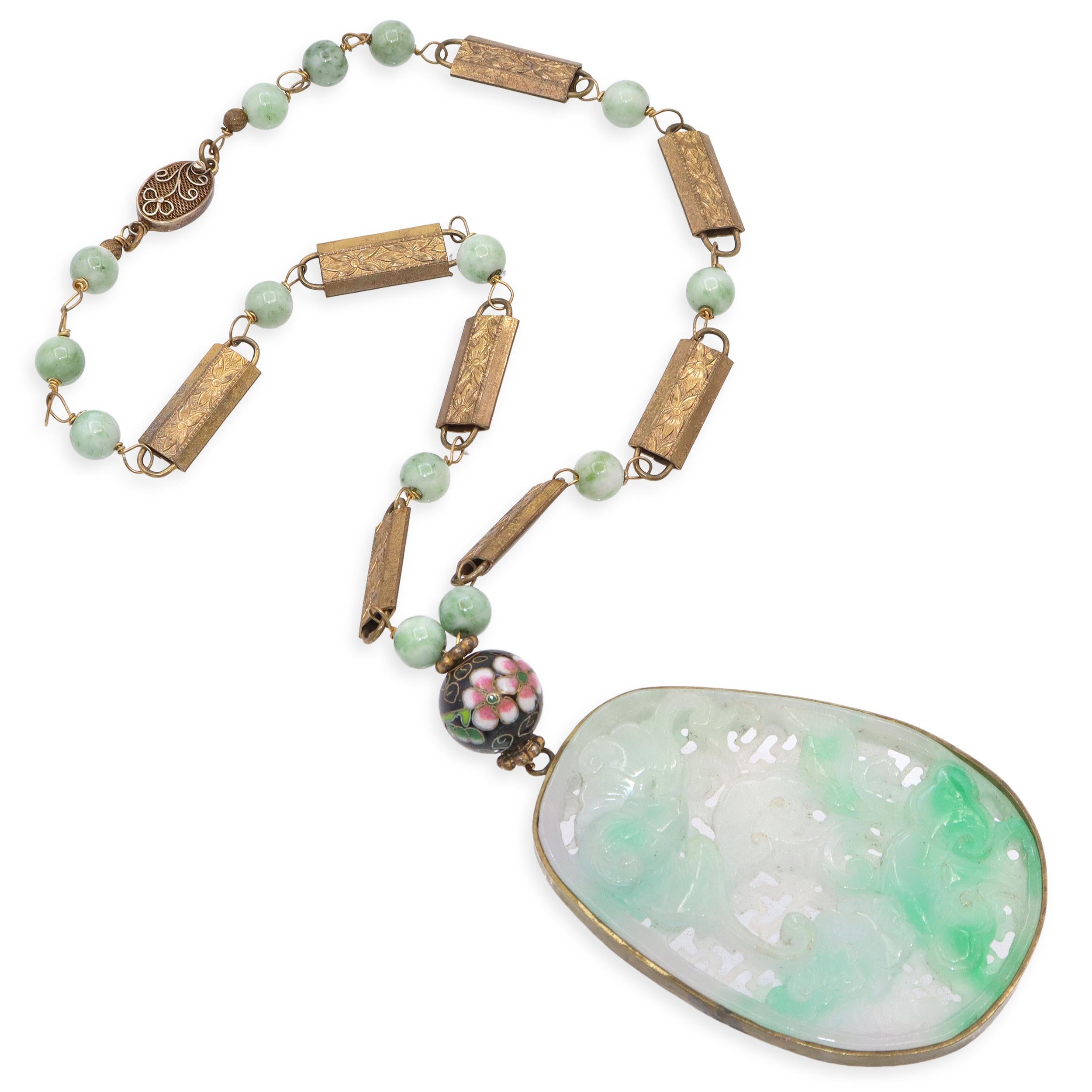 Carved Jade Bat and Floral Pendant Dyed Quartzite Beaded Necklace