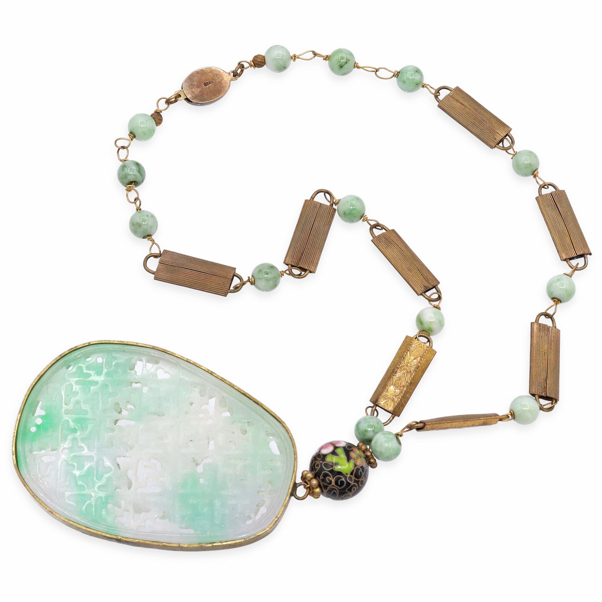 Carved Jade Bat and Floral Pendant Dyed Quartzite Beaded Necklace