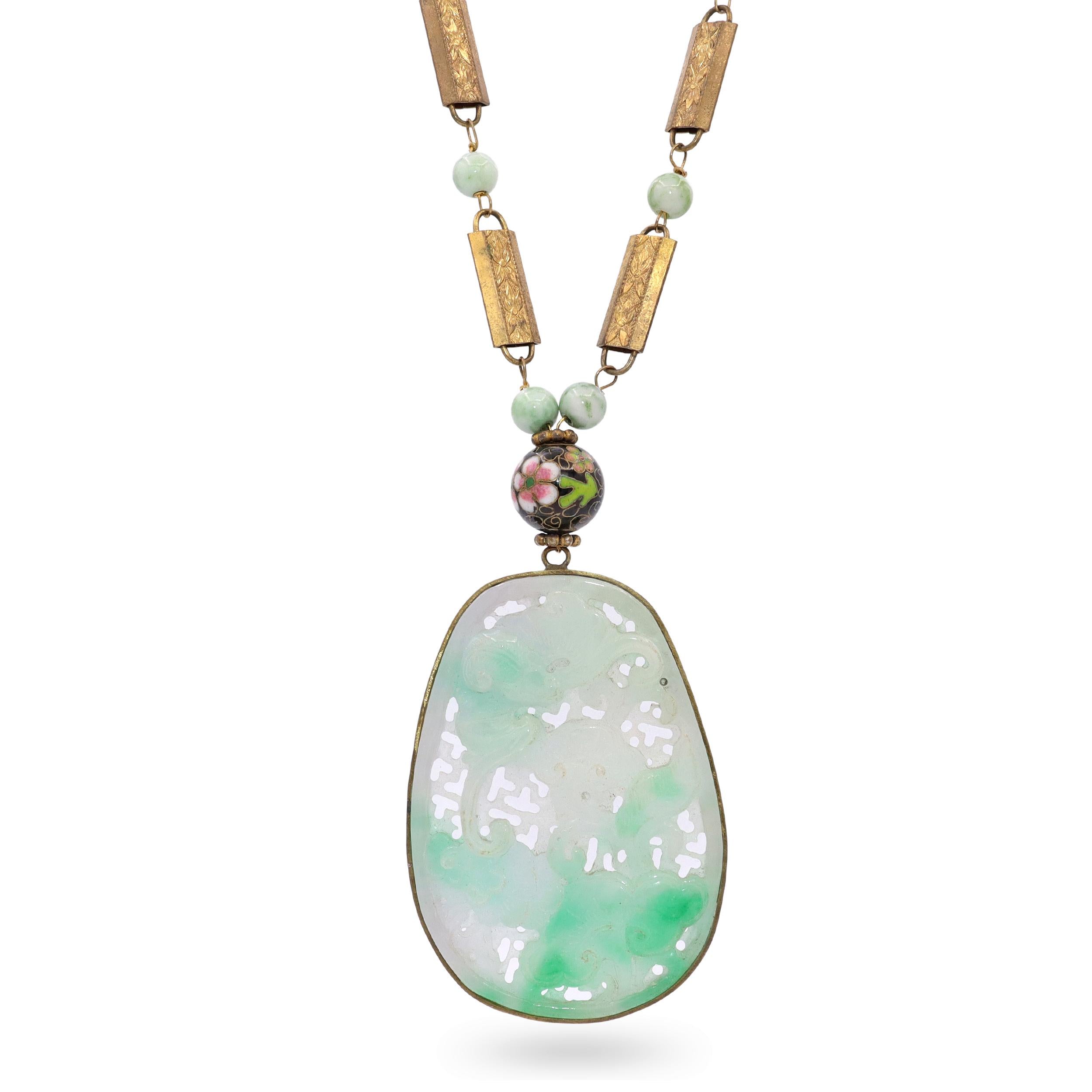 Carved Jade Bat and Floral Pendant Dyed Quartzite Beaded Necklace