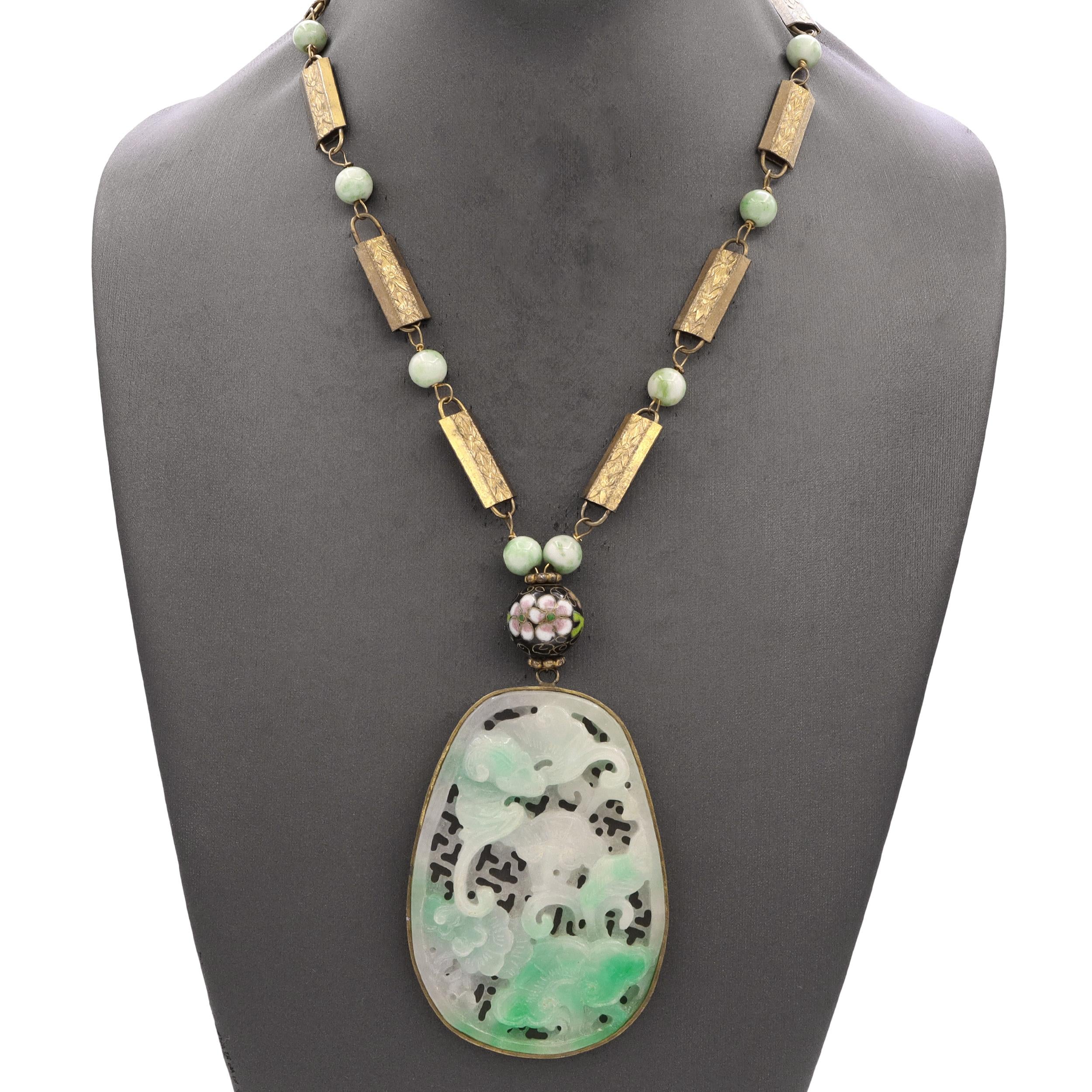 Carved Jade Bat and Floral Pendant Dyed Quartzite Beaded Necklace