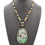 Carved Jade Bat and Floral Pendant Dyed Quartzite Beaded Necklace