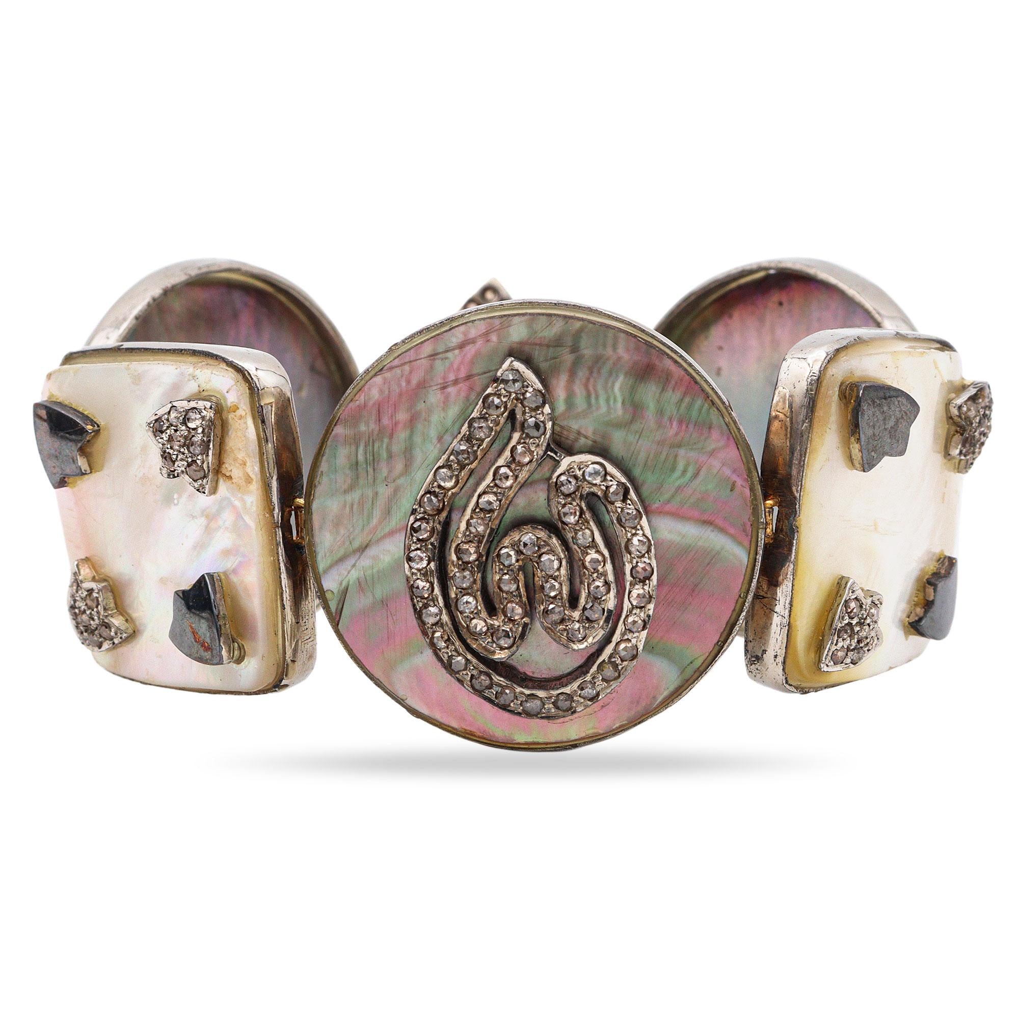 Vintage Silver Diamond Hematite Abalone Shell Mother of Pearl Link Bracelet