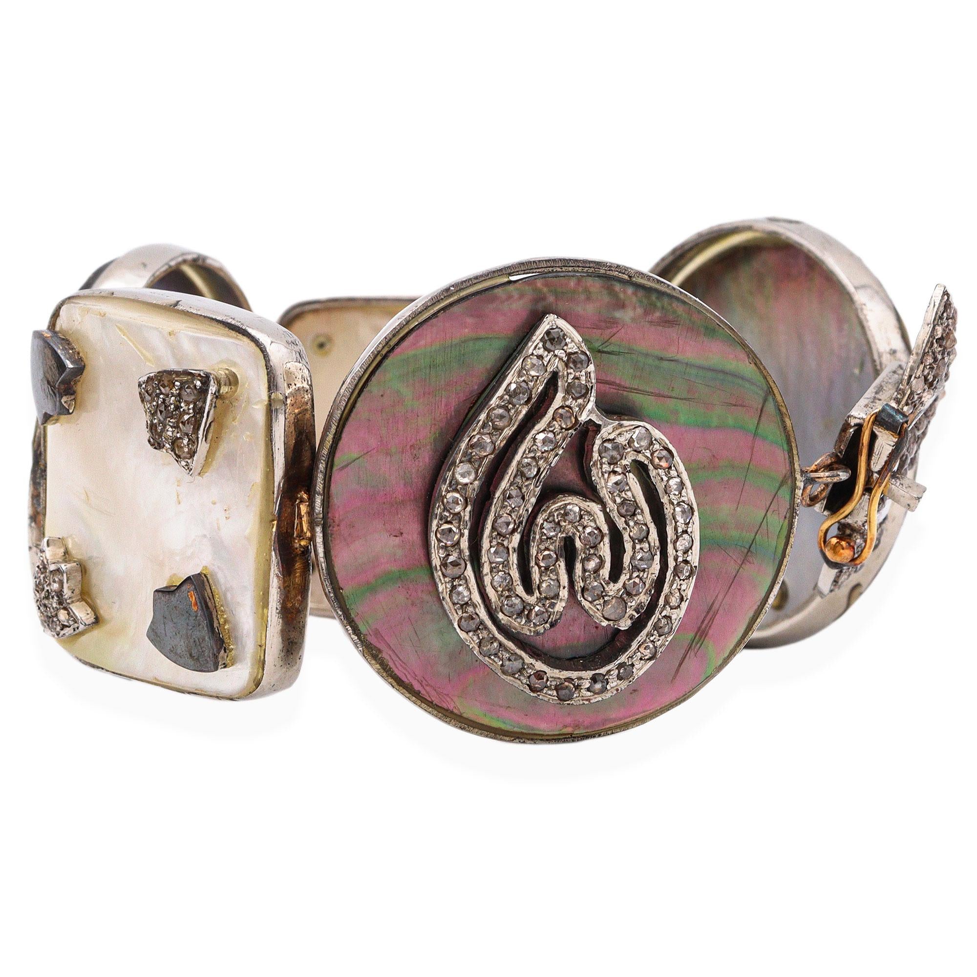 Vintage Silver Diamond Hematite Abalone Shell Mother of Pearl Link Bracelet