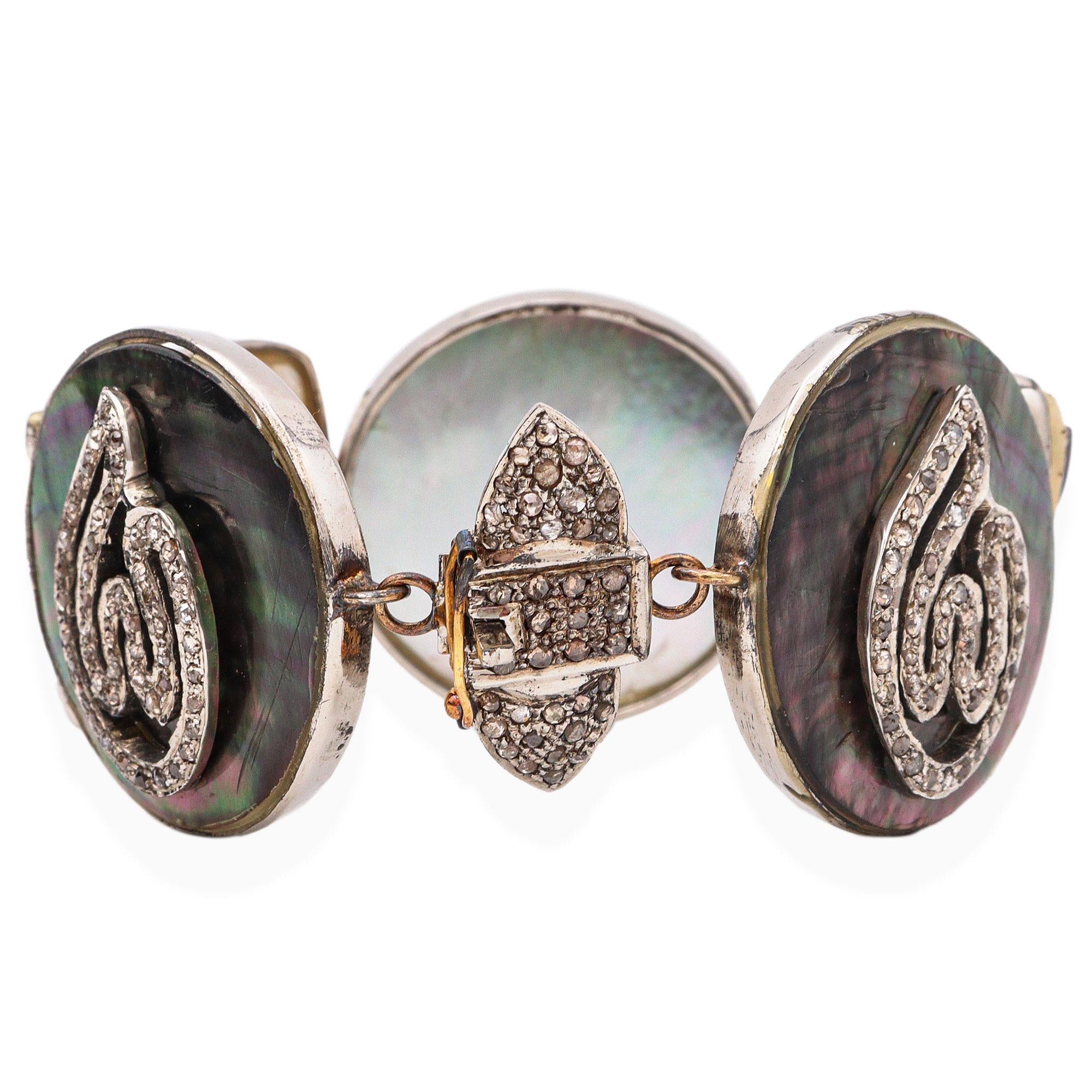 Vintage Silver Diamond Hematite Abalone Shell Mother of Pearl Link Bracelet