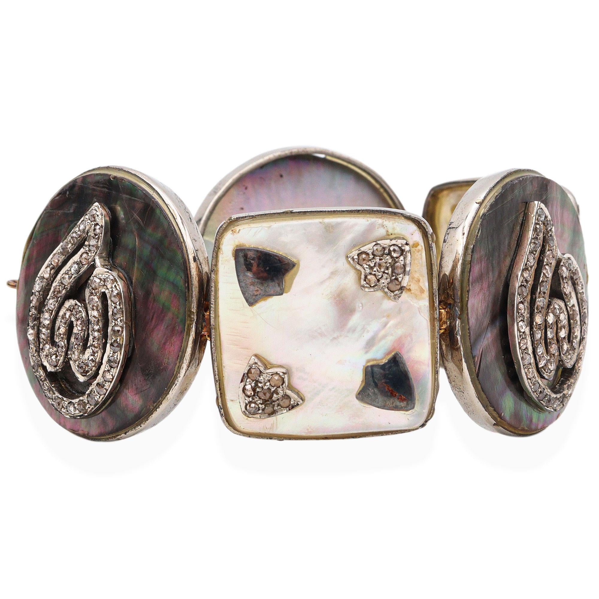 Vintage Silver Diamond Hematite Abalone Shell Mother of Pearl Link Bracelet