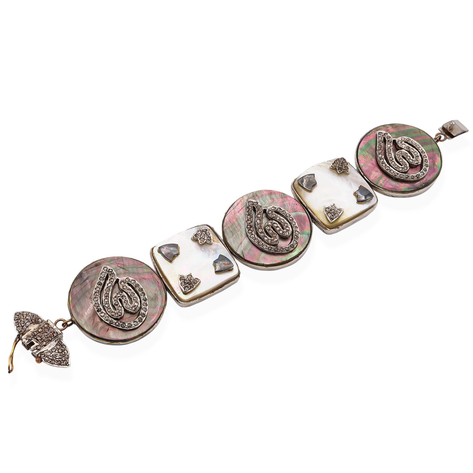 Vintage Silver Diamond Hematite Abalone Shell Mother of Pearl Link Bracelet