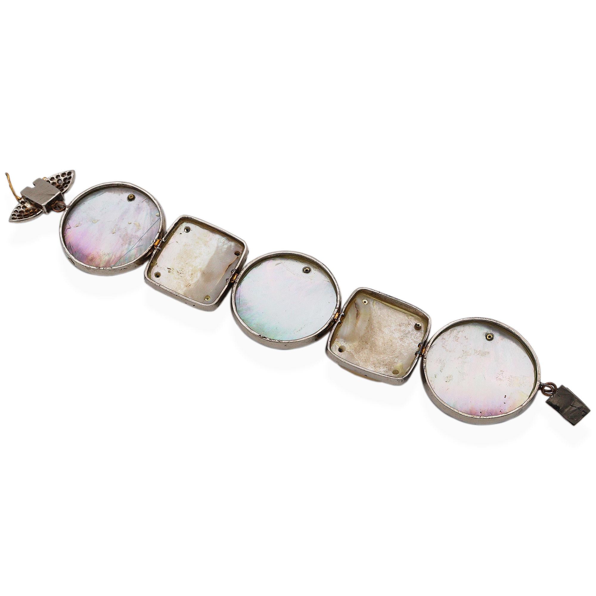 Vintage Silver Diamond Hematite Abalone Shell Mother of Pearl Link Bracelet