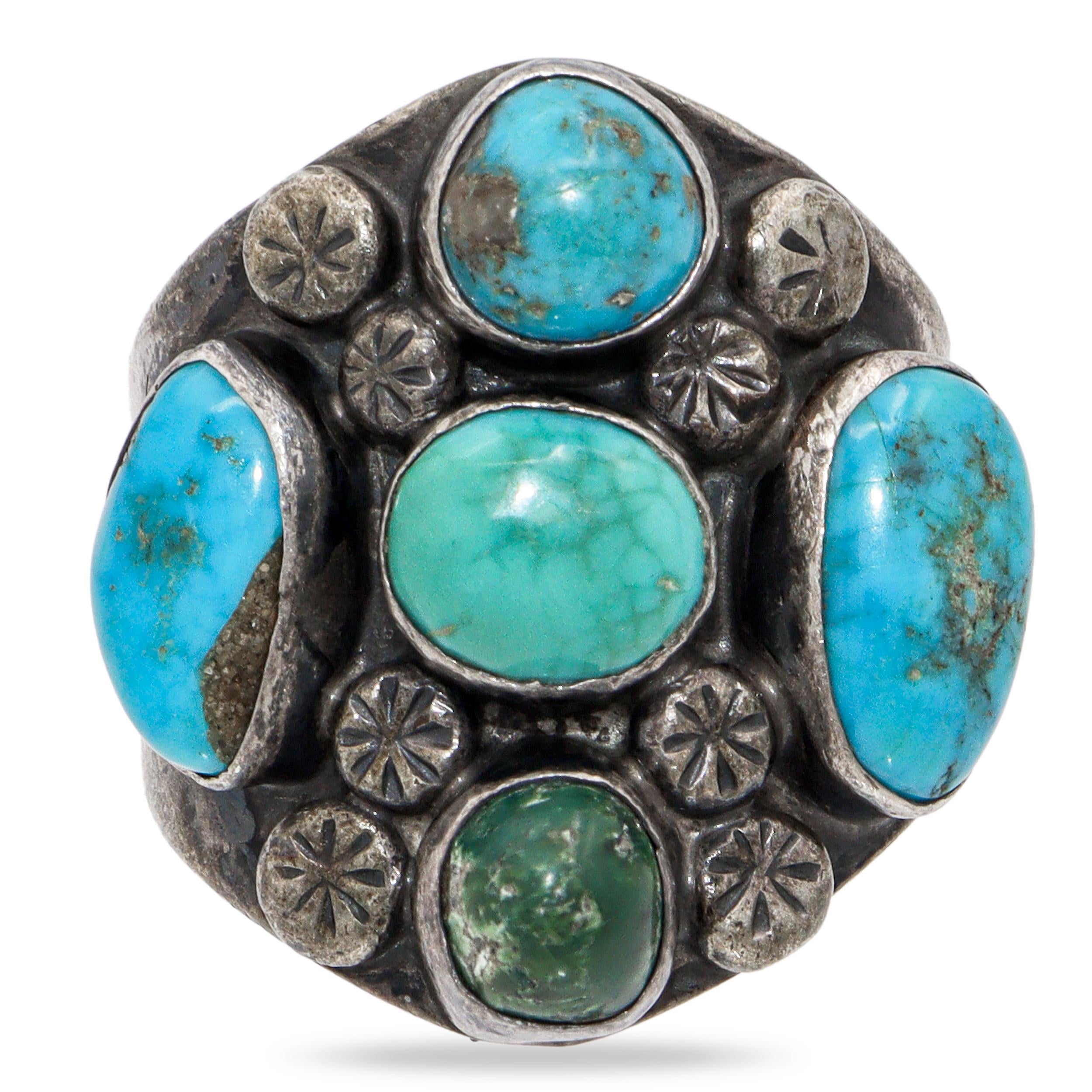 Vintage Navajo Sterling Silver Multi-Stone Turquoise Cluster Ring