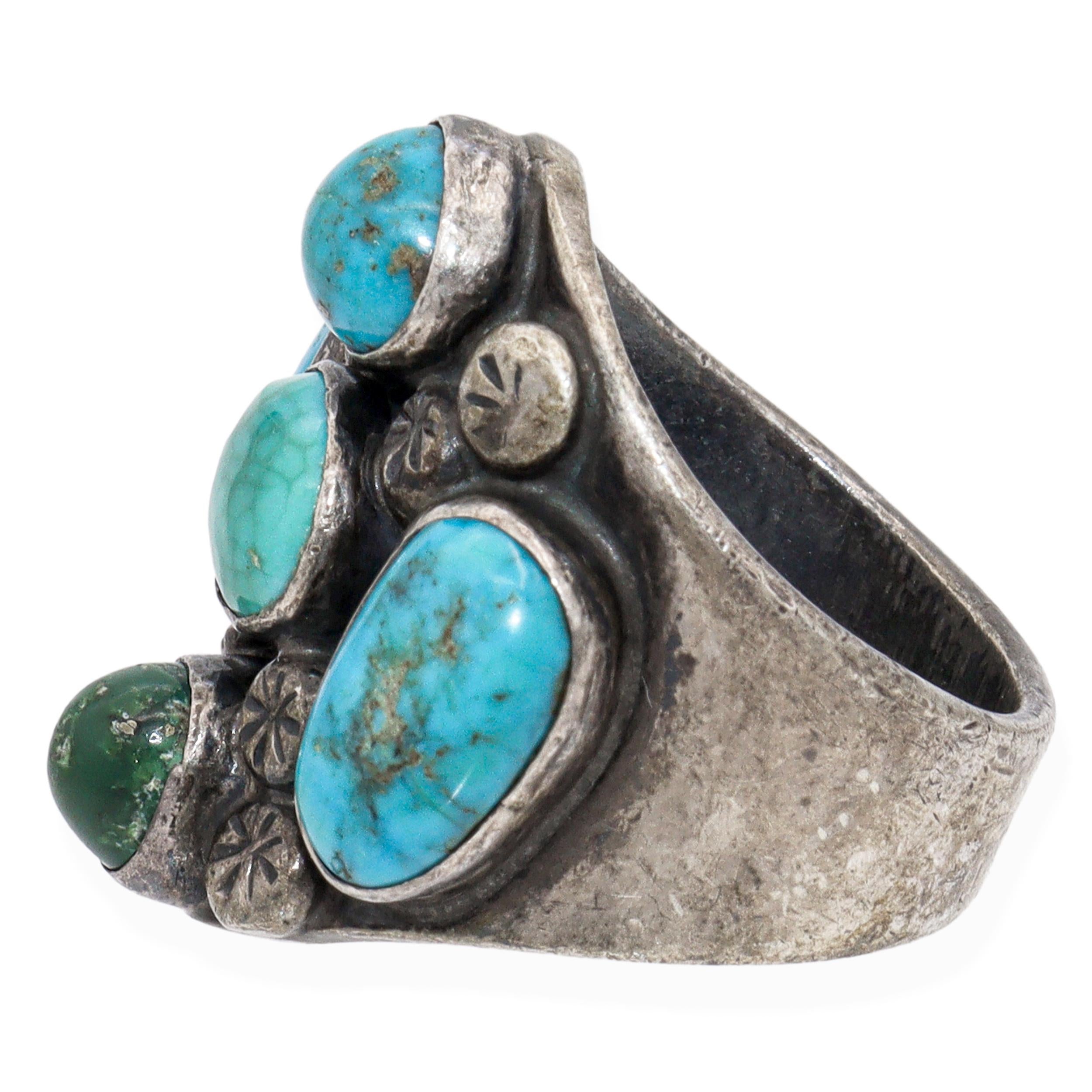 Vintage Navajo Sterling Silver Multi-Stone Turquoise Cluster Ring
