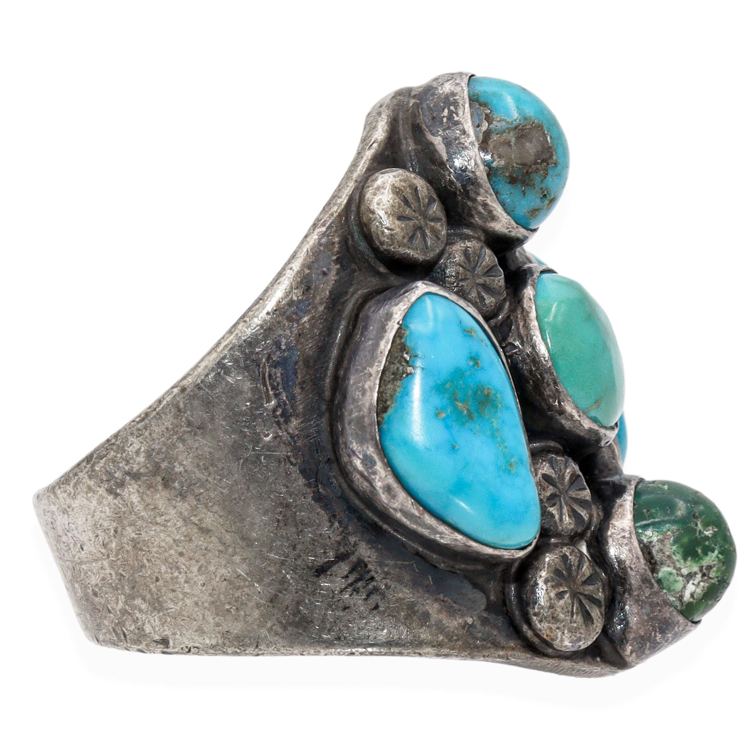 Vintage Navajo Sterling Silver Multi-Stone Turquoise Cluster Ring